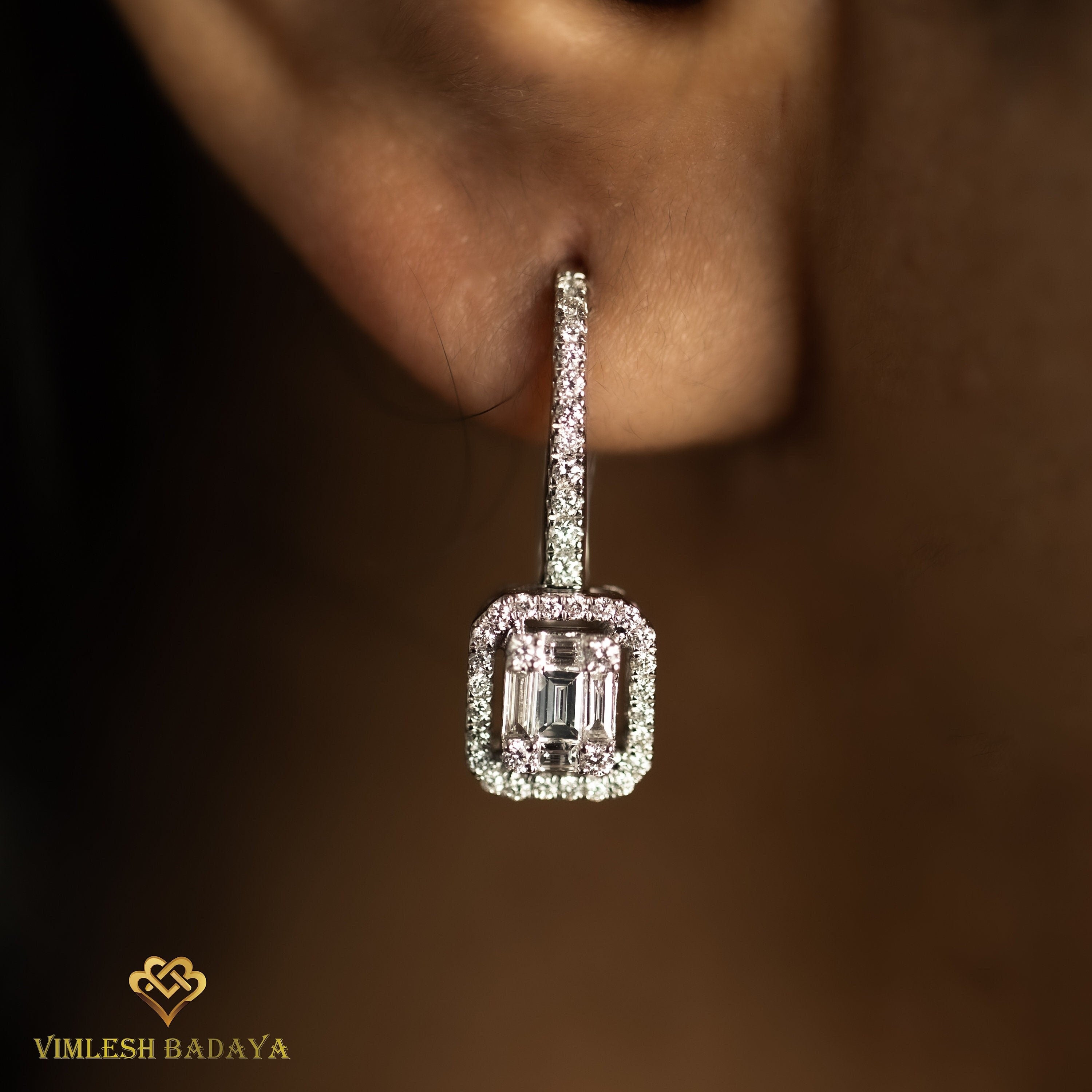 Invisible Set Diamond Halo Dangle Earrings | Gold Baguette & Round Cut Diamonds | Bridal Gift for Her -