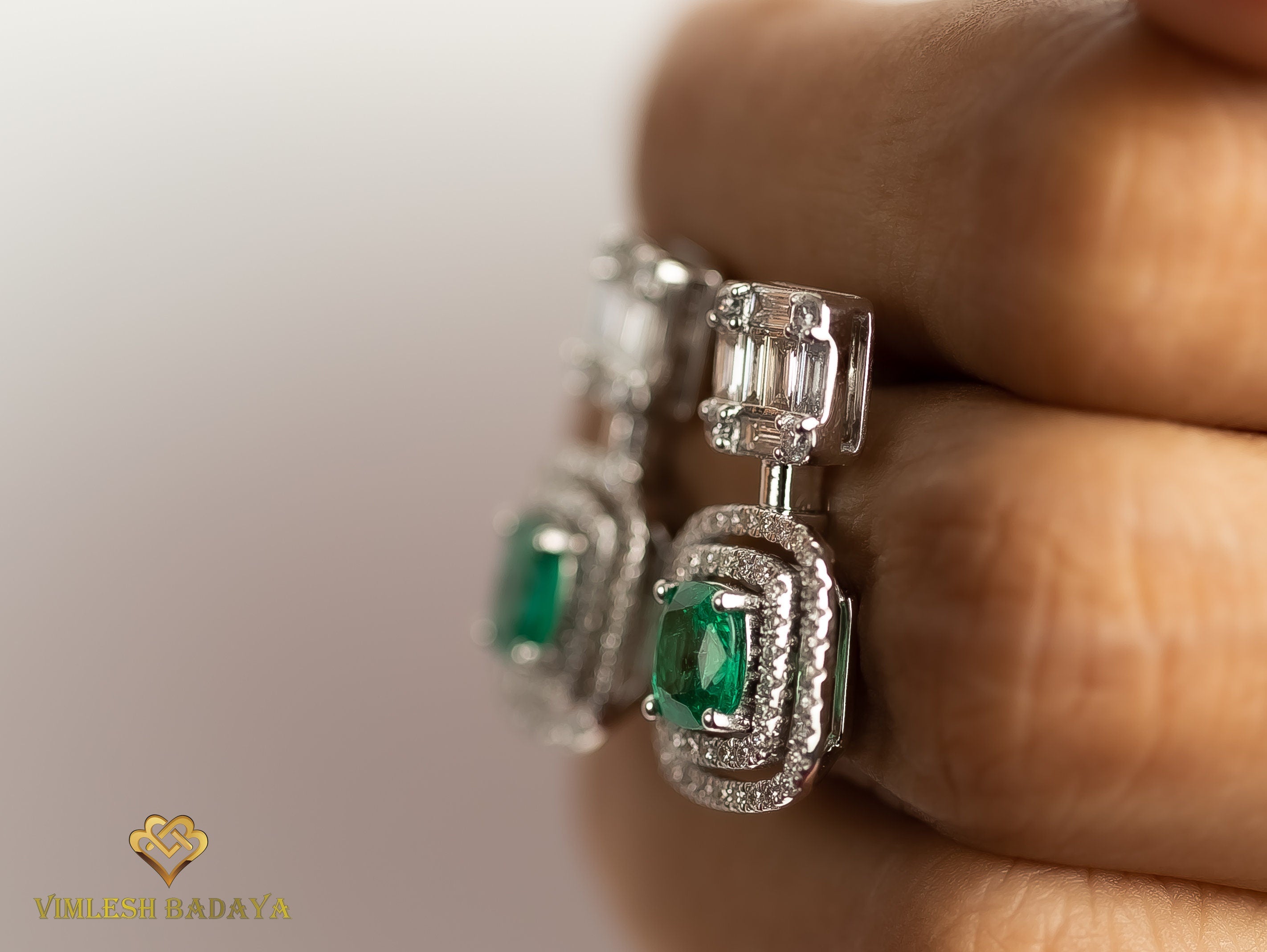 Emerald & Diamond Dangle Earrings | Cushion Cut Emerald & Round-Baguette Cut Diamond Halo | Anniversary Gift -