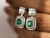 Emerald & Diamond Dangle Earrings | Cushion Cut Emerald & Round-Baguette Cut Diamond Halo | Anniversary Gift -