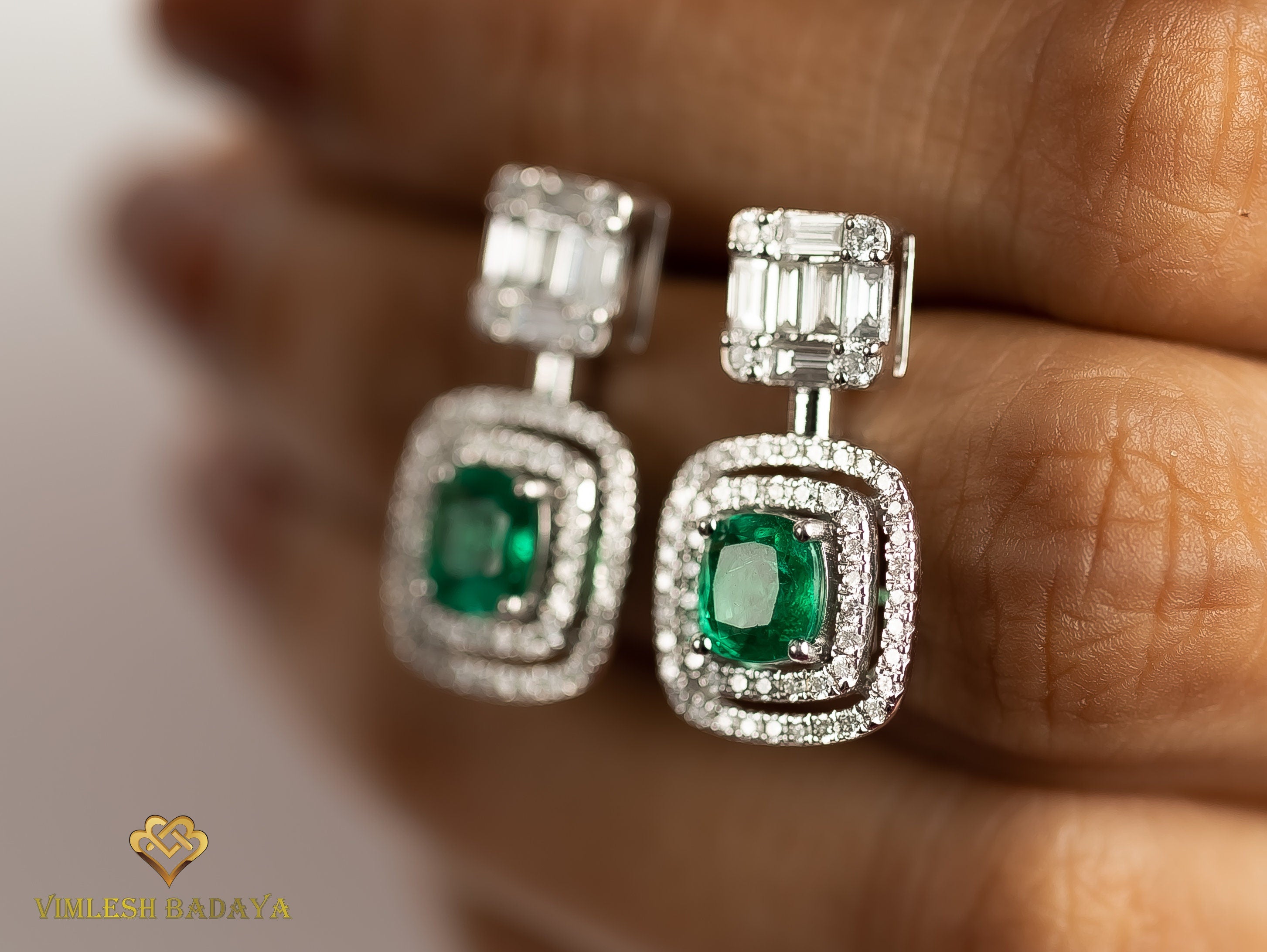 Emerald & Diamond Dangle Earrings | Cushion Cut Emerald & Round-Baguette Cut Diamond Halo | Anniversary Gift -