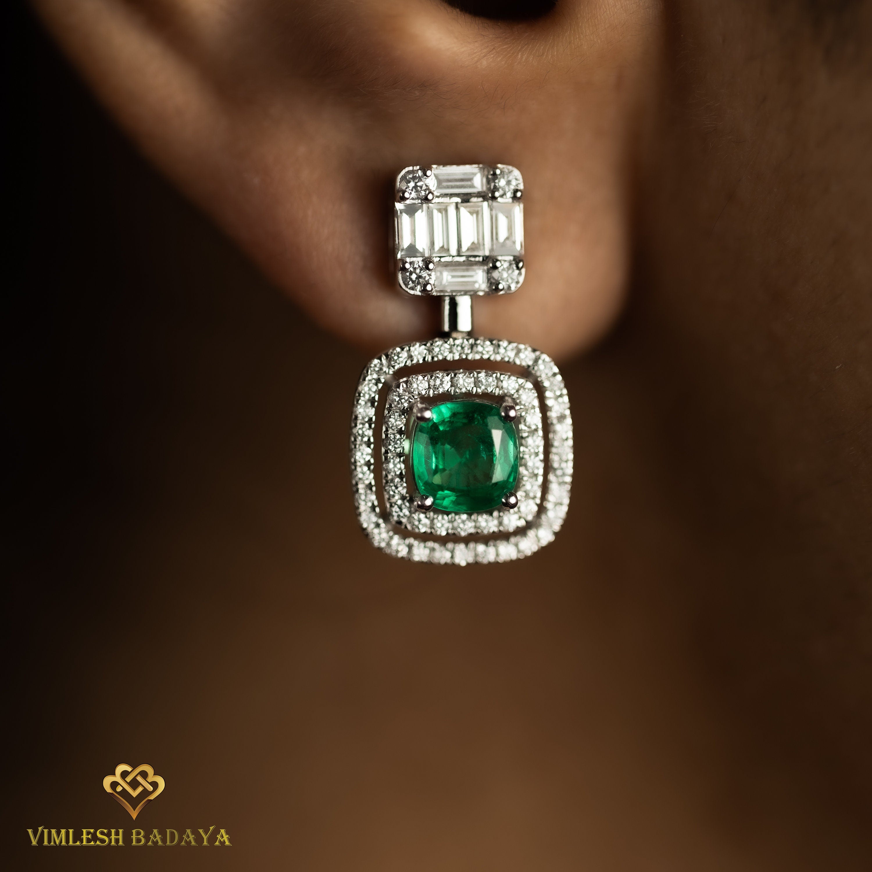 Emerald & Diamond Dangle Earrings | Cushion Cut Emerald & Round-Baguette Cut Diamond Halo | Anniversary Gift -