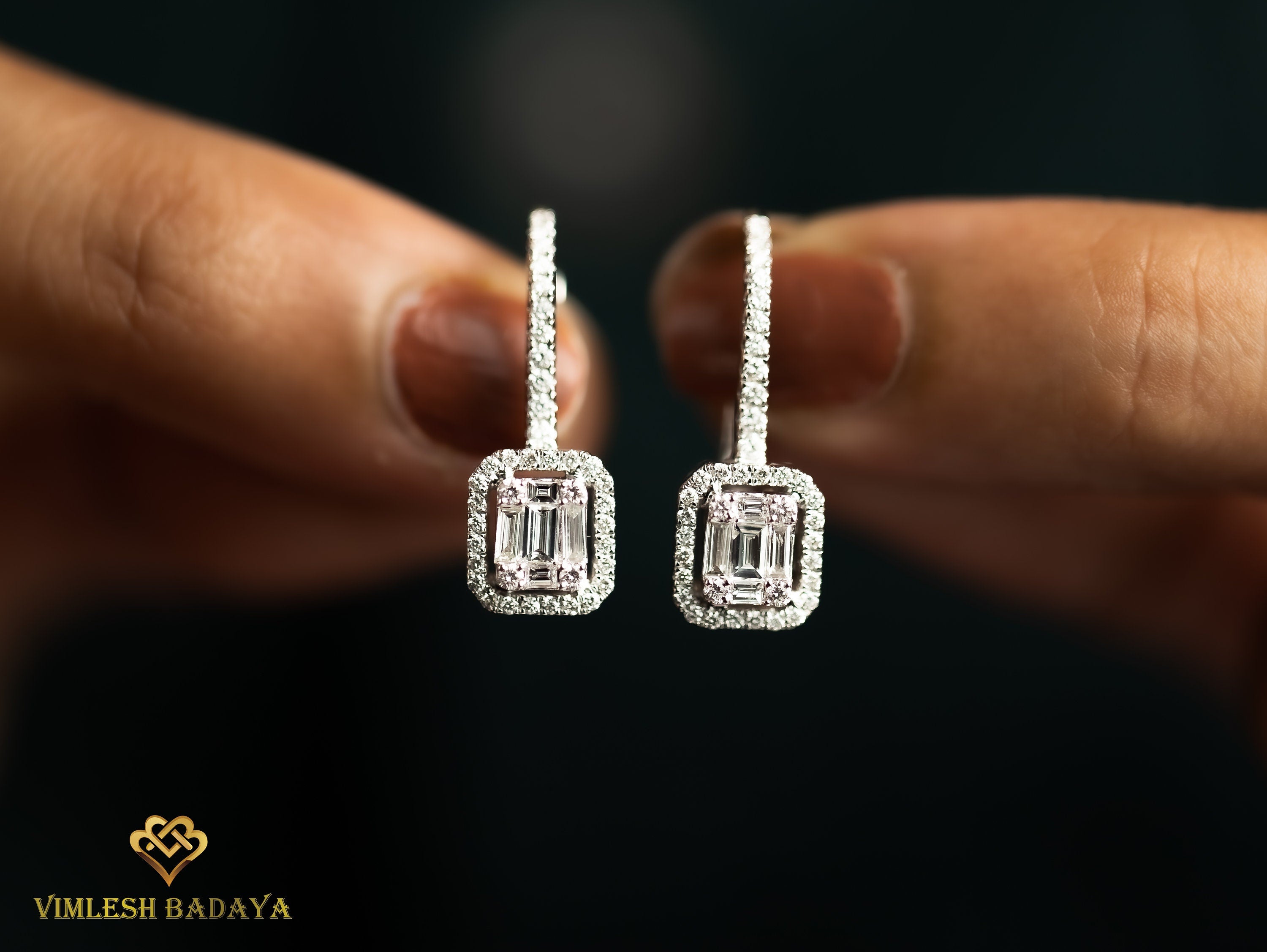 Lab Grown Diamond Drop Dangle Earrings | 1 Carat Round Baguette Cut Diamonds | Gift for Her -