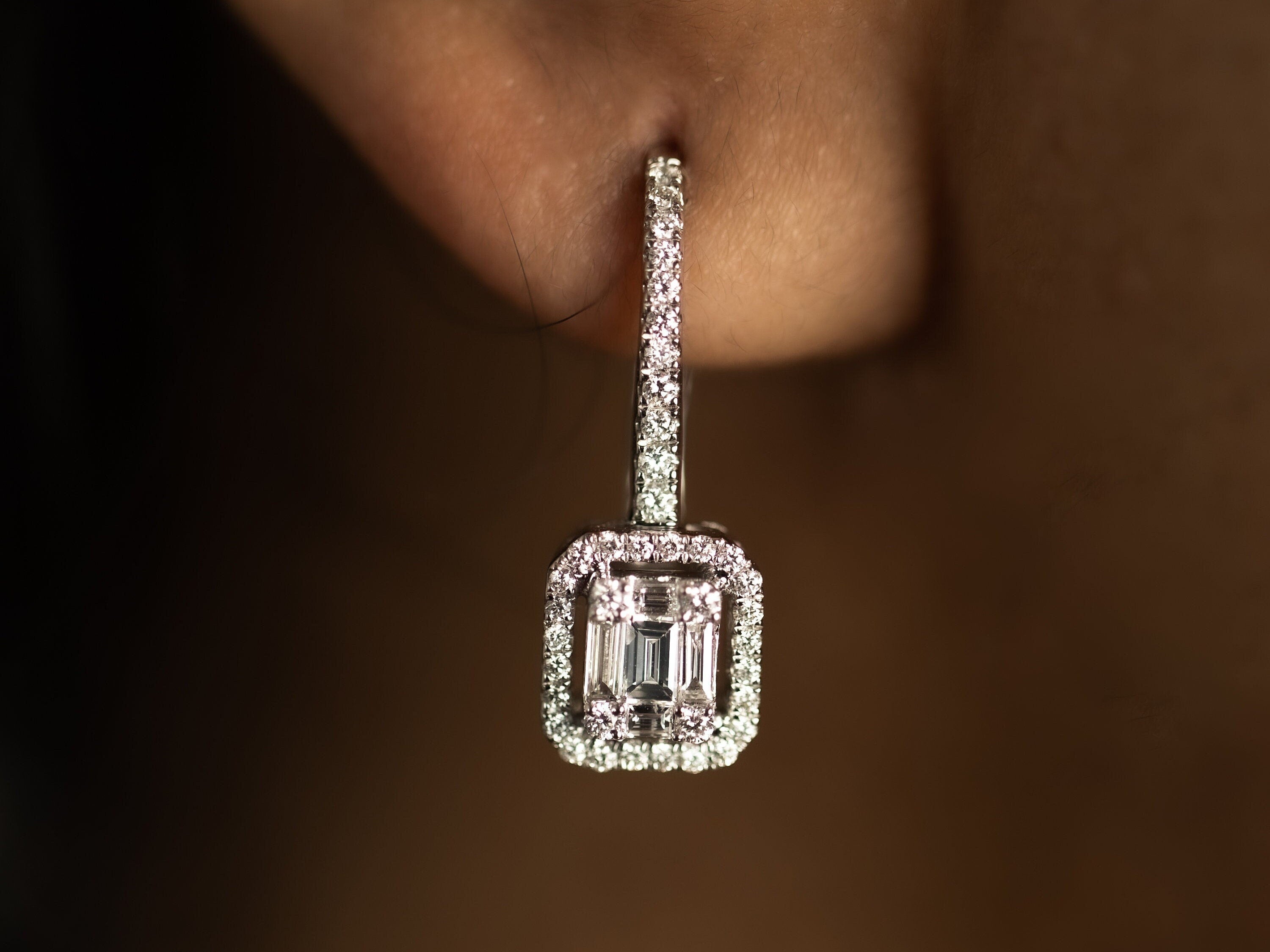 Lab Grown Diamond Drop Dangle Earrings | 1 Carat Round Baguette Cut Diamonds | Gift for Her -
