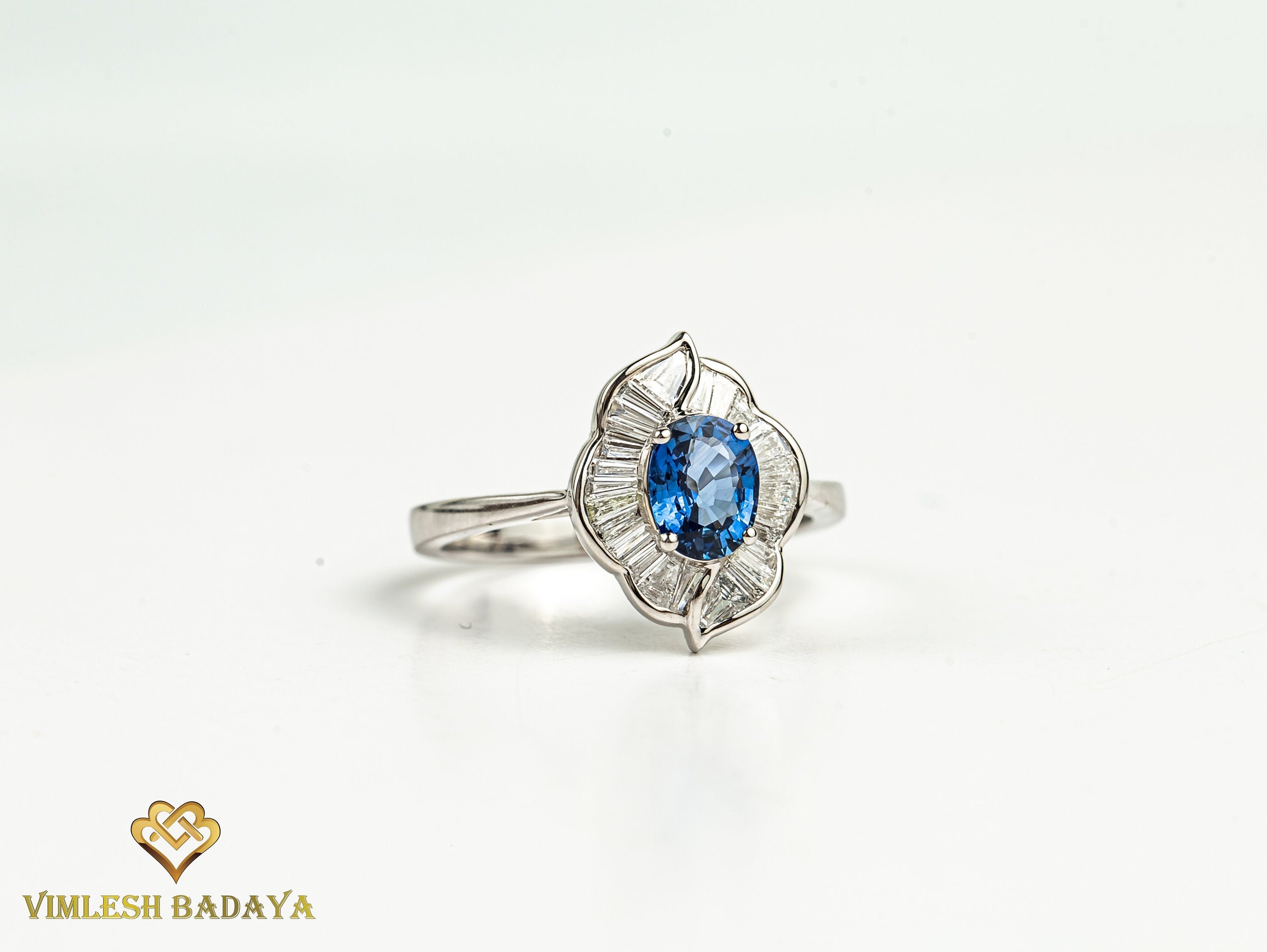 Vintage Blue Sapphire & Diamond Baguette Engagement Ring | 1ct Oval Cut Sapphire & Diamond Wedding Ring -