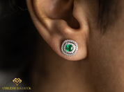 Emerald Stud Earrings | Cushion Cut Emerald & Round Diamond Double Halo | Anniversary Gift for Her -