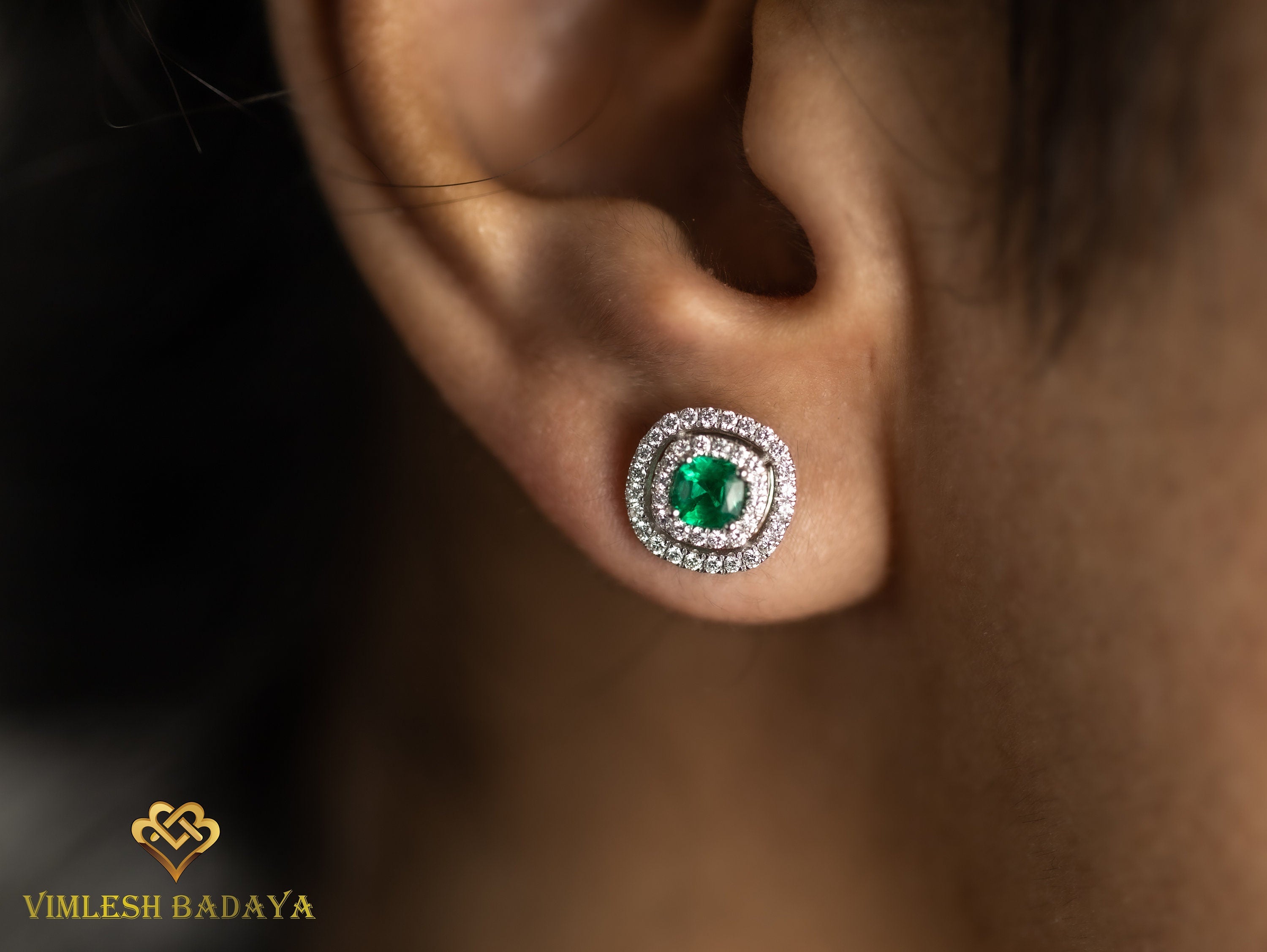Emerald Stud Earrings | Cushion Cut Emerald & Round Diamond Double Halo | Anniversary Gift for Her -