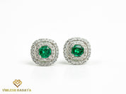 Emerald Stud Earrings | Cushion Cut Emerald & Round Diamond Double Halo | Anniversary Gift for Her -