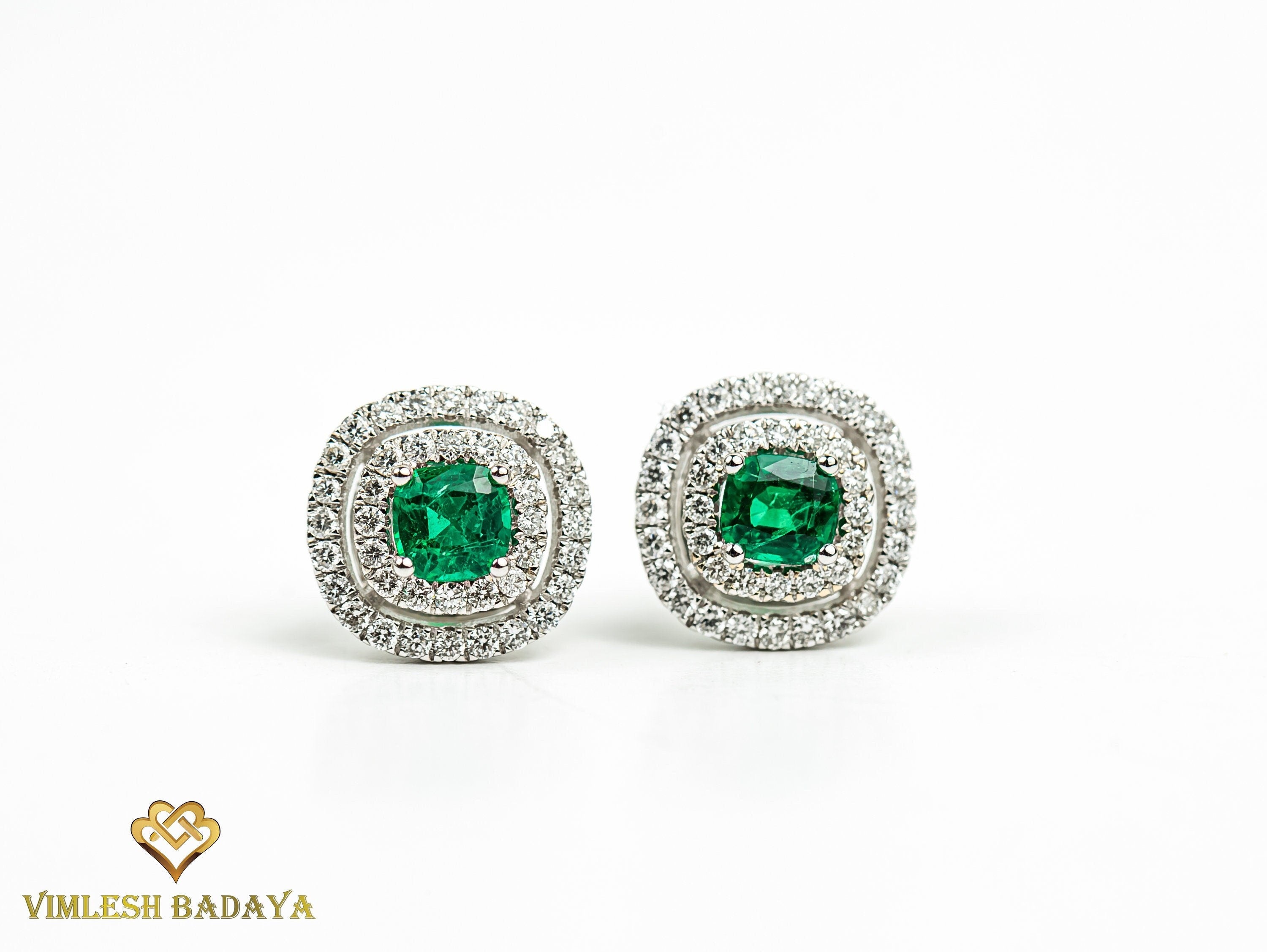 Emerald Stud Earrings | Cushion Cut Emerald & Round Diamond Double Halo | Anniversary Gift for Her -