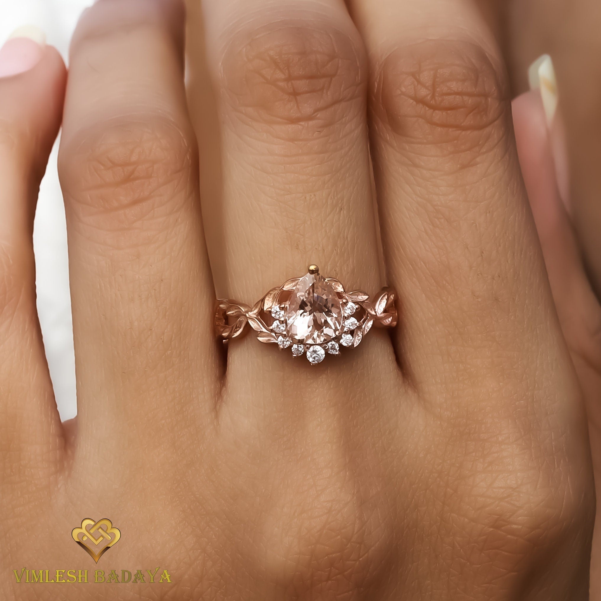 Morganite Engagement Ring | Pear-Cut Twig Design in Rose Gold | Peach Diamond Accent -