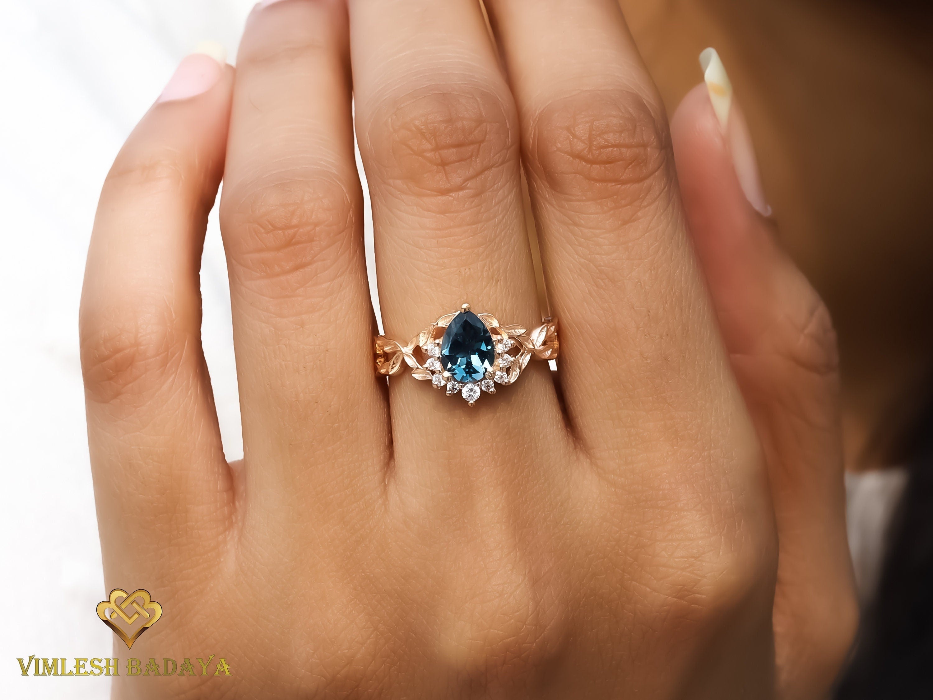 London Blue Topaz Twig Engagement Ring | Pear Cut Topaz Ring | December Birthstone -