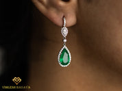 Emerald & Diamond Drop Earrings | Pear Cut Emerald & Round Diamond Halo | Solid Gold Anniversary Gift -