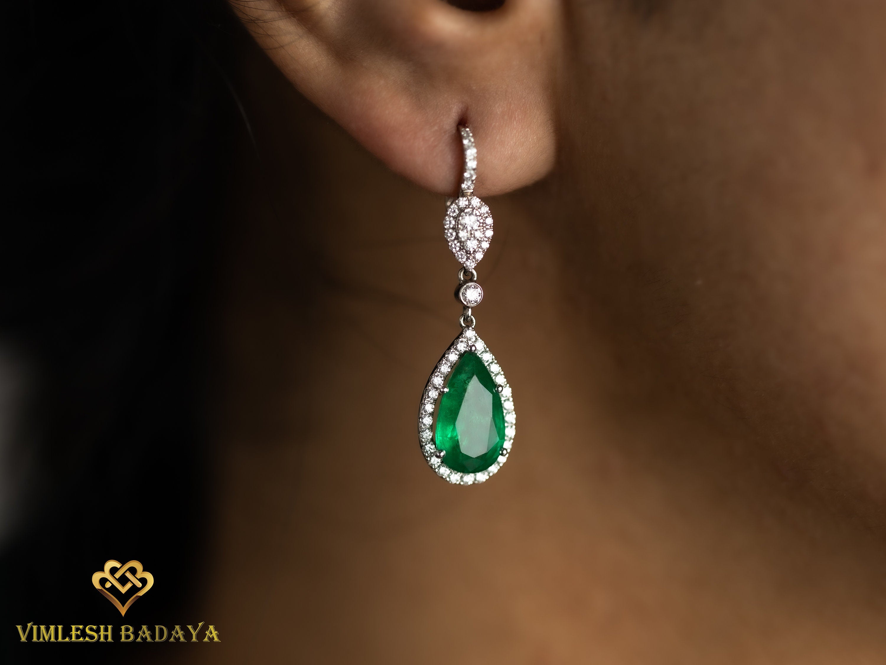 Emerald & Diamond Drop Earrings | Pear Cut Emerald & Round Diamond Halo | Solid Gold Anniversary Gift -