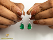 Emerald & Diamond Drop Earrings | Pear Cut Emerald & Round Diamond Halo | Solid Gold Anniversary Gift -