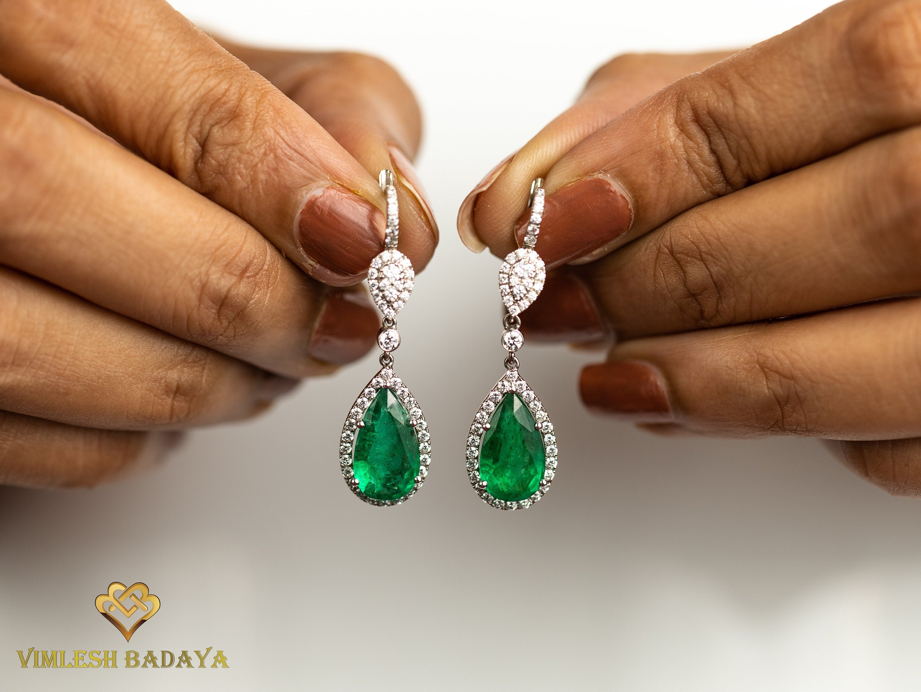 Emerald & Diamond Drop Earrings | Pear Cut Emerald & Round Diamond Halo | Solid Gold Anniversary Gift -