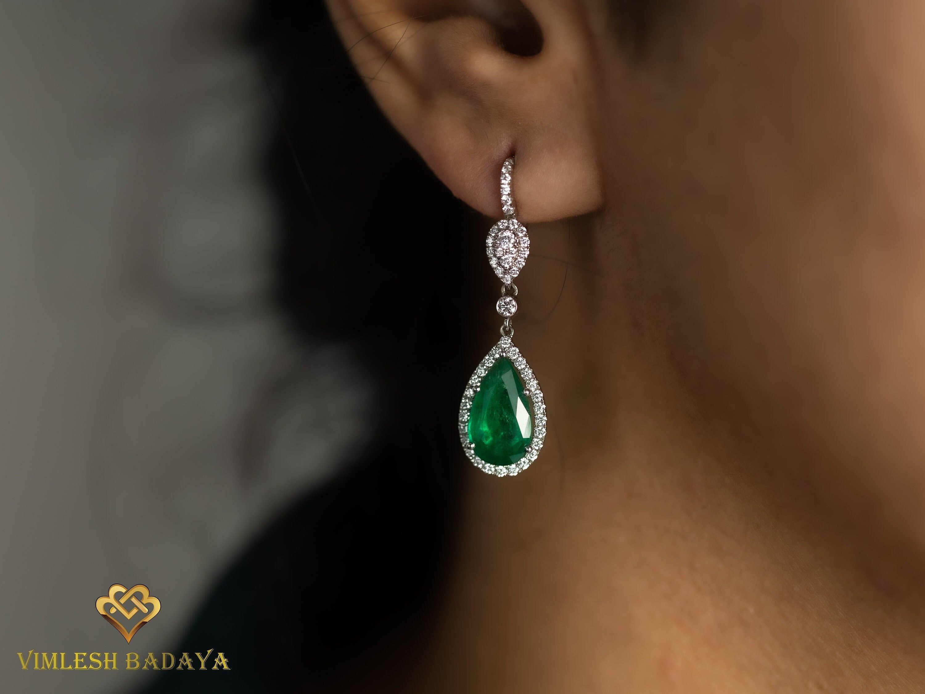 Emerald & Diamond Drop Earrings | Pear Cut Emerald & Round Diamond Halo | Solid Gold Anniversary Gift -
