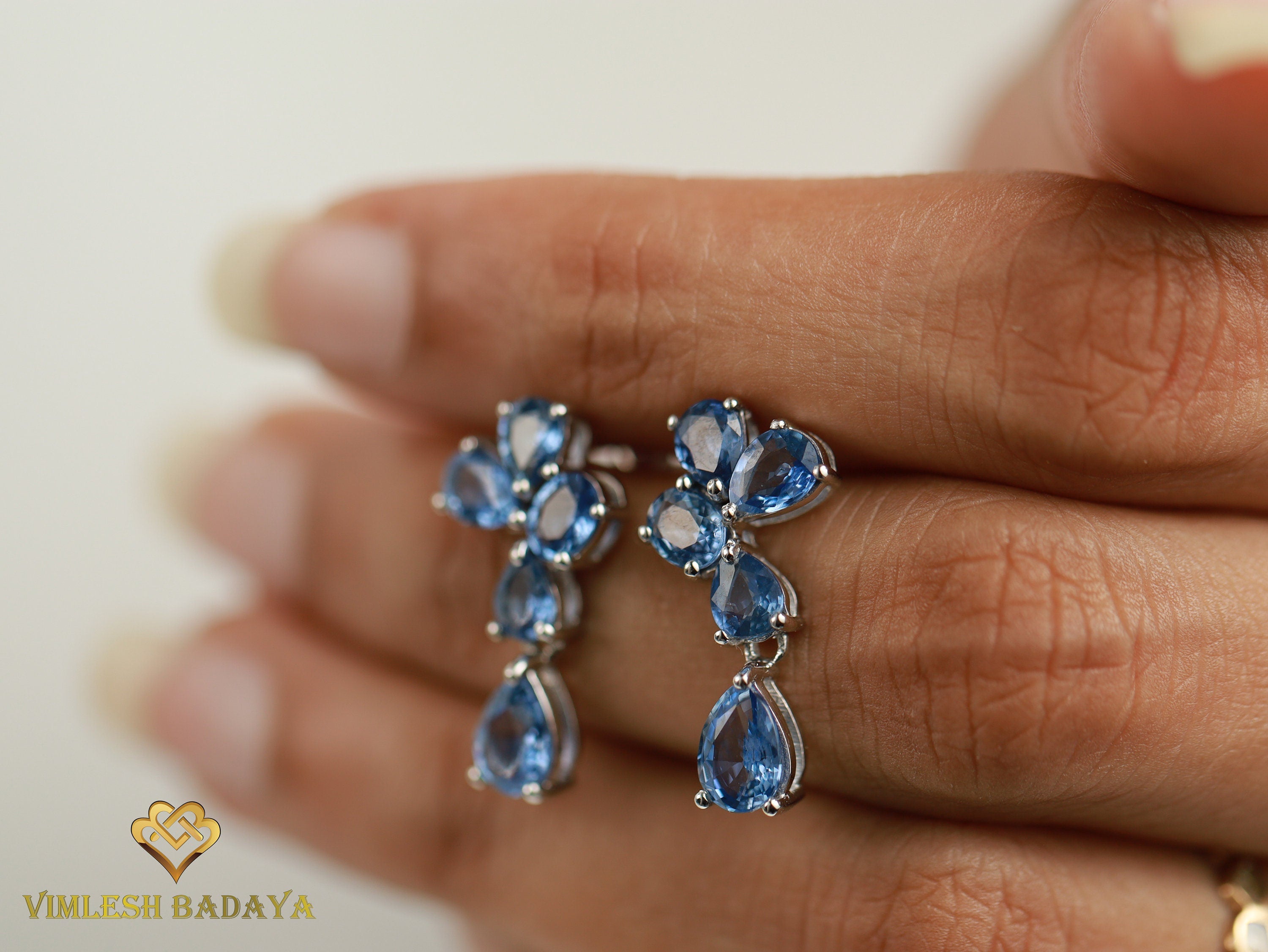 Sapphire Cluster Drop Earrings | Pear & Oval Cut Sapphire | Blue Sapphire Vintage Earrings | Anniversary Gift for Her -
