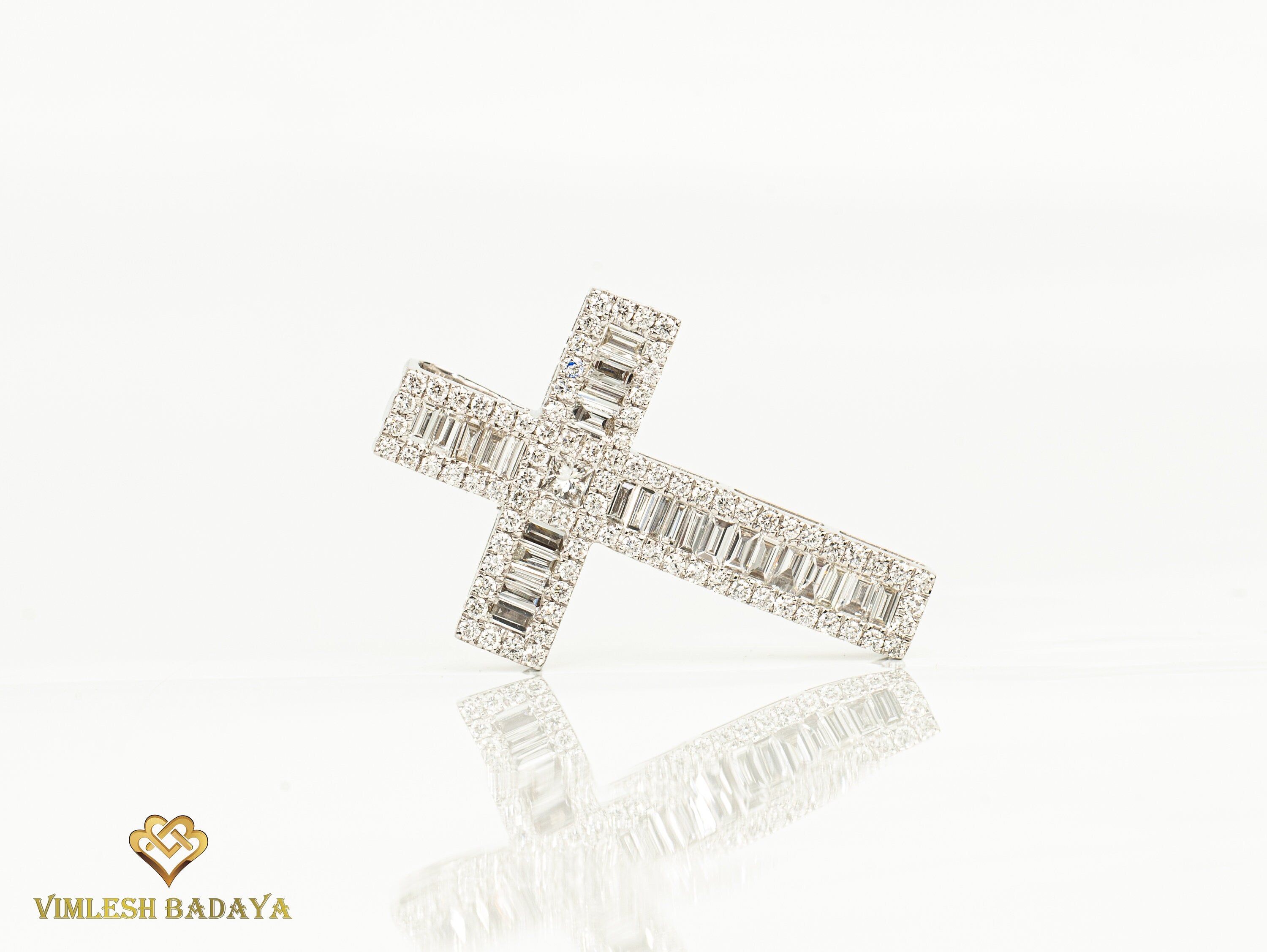 Natural Diamond Cross Pendant | Baguette Princess Cut Jesus Crucifix Pendant | Illusion Setting Religious Pendant -