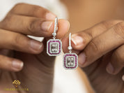 Invisible Set Diamond Ruby Halo Stud Dangle Earrings | Baguette & Round Cut Diamonds | Bridal Gift for Her -
