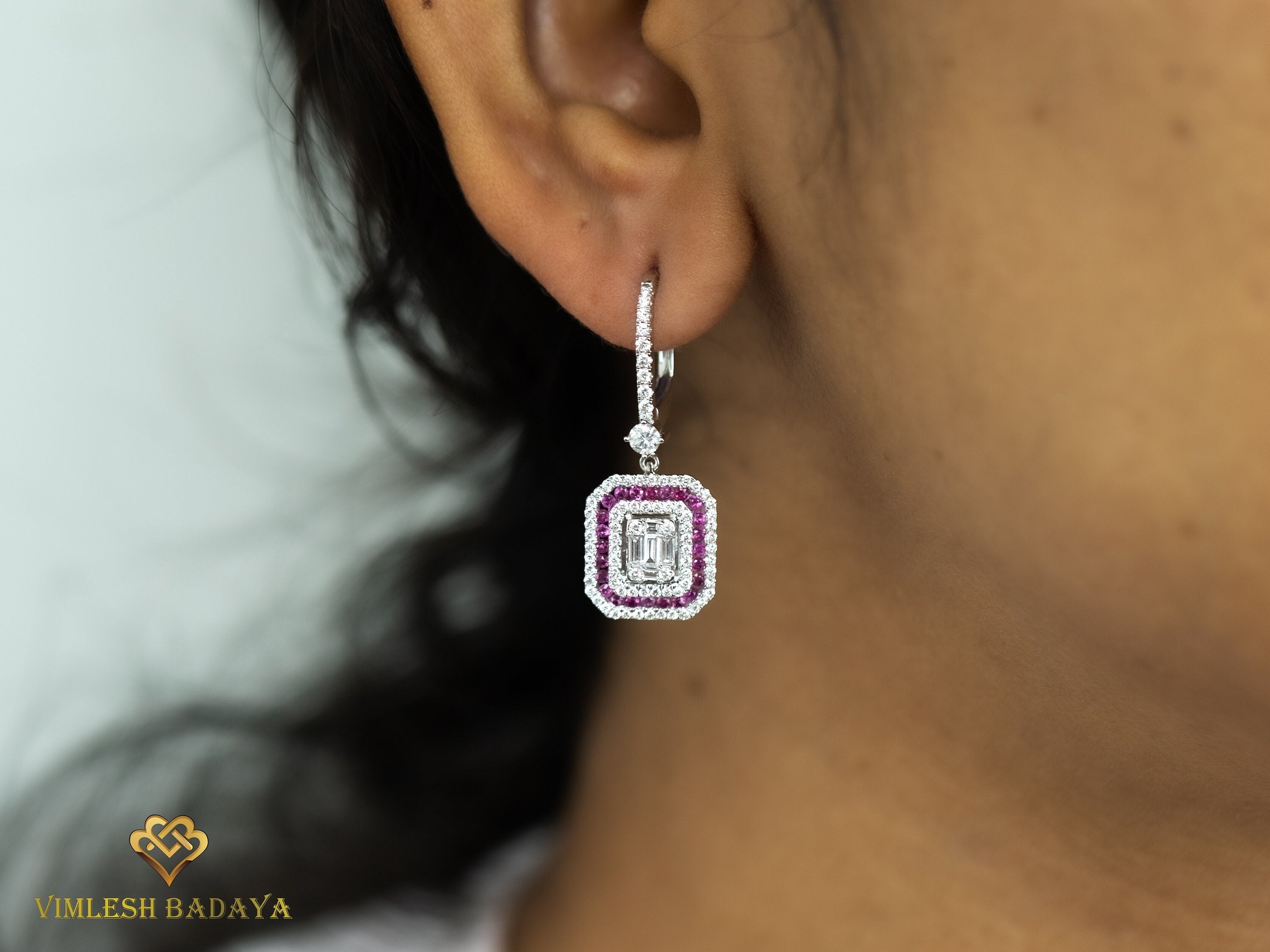 Invisible Set Diamond Ruby Halo Stud Dangle Earrings | Baguette & Round Cut Diamonds | Bridal Gift for Her -