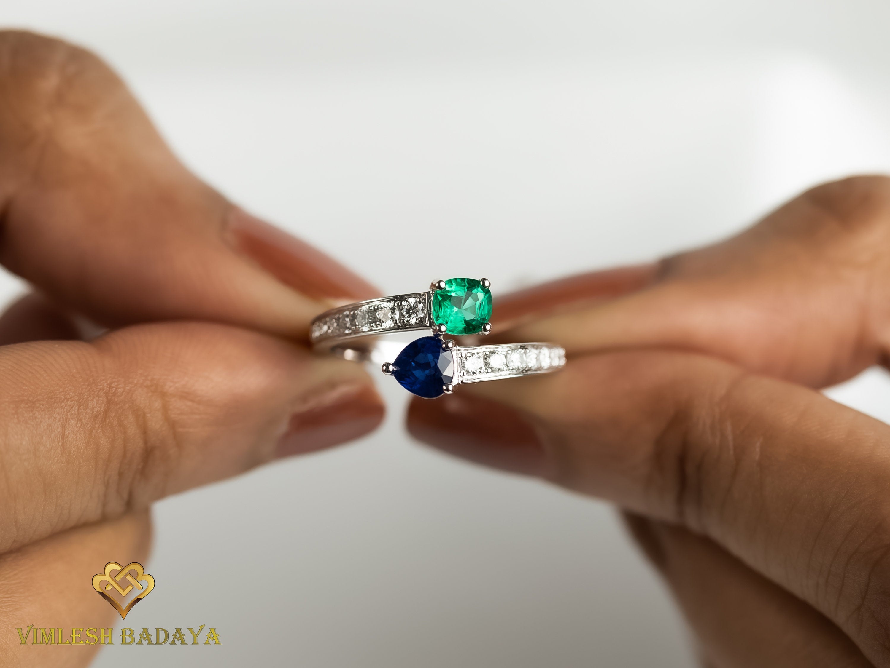 Emerald Sapphire Adjustable Engagement Ring | Diamond Sapphire Ring | Blue Sapphire Engagement Ring -