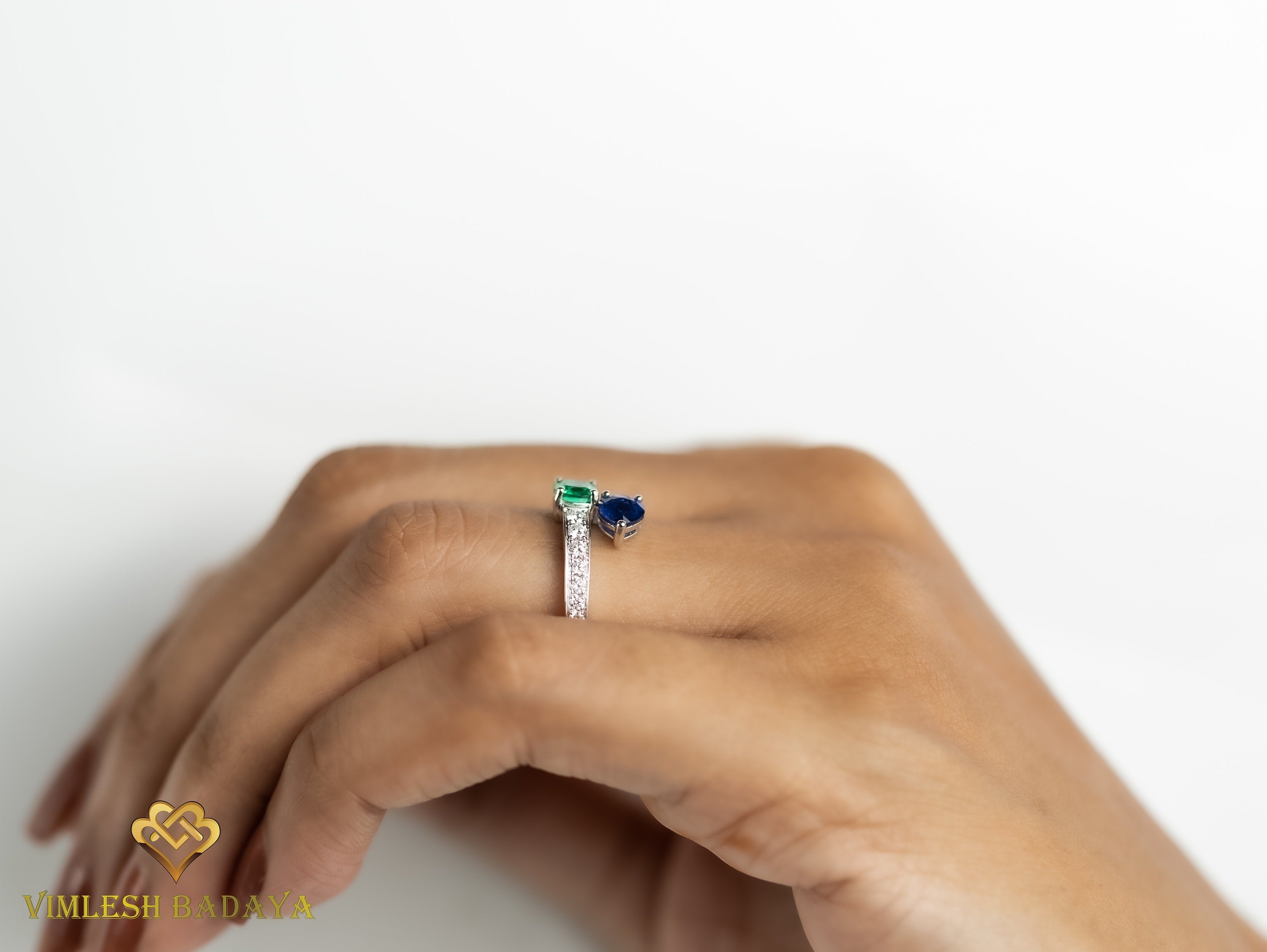 Emerald Sapphire Adjustable Engagement Ring | Diamond Sapphire Ring | Blue Sapphire Engagement Ring -
