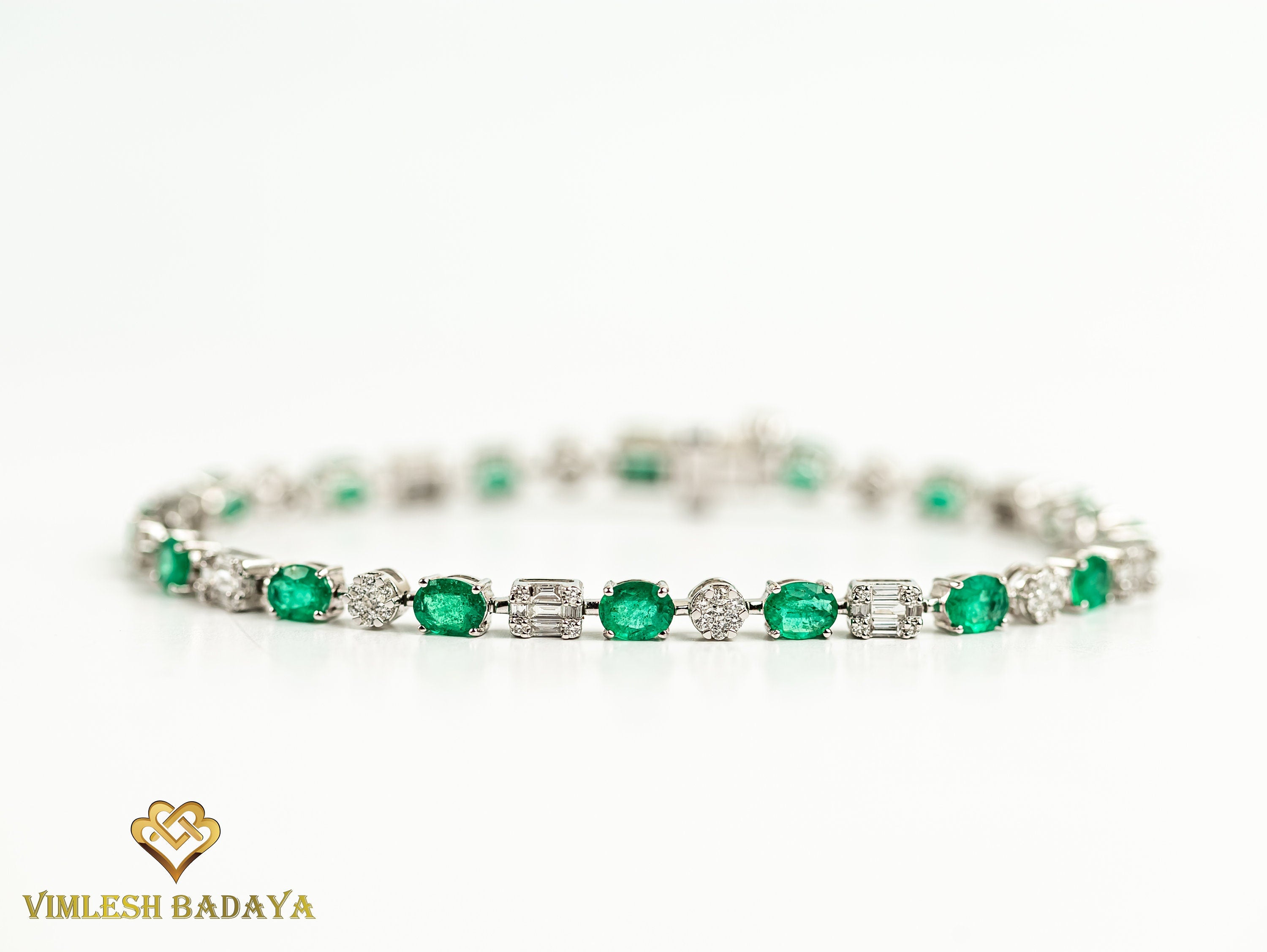 Emerald Diamond Tennis Bracelet | Round Cut Diamond & Oval Emerald | Eternity Prong Illusion Set Bracelet -