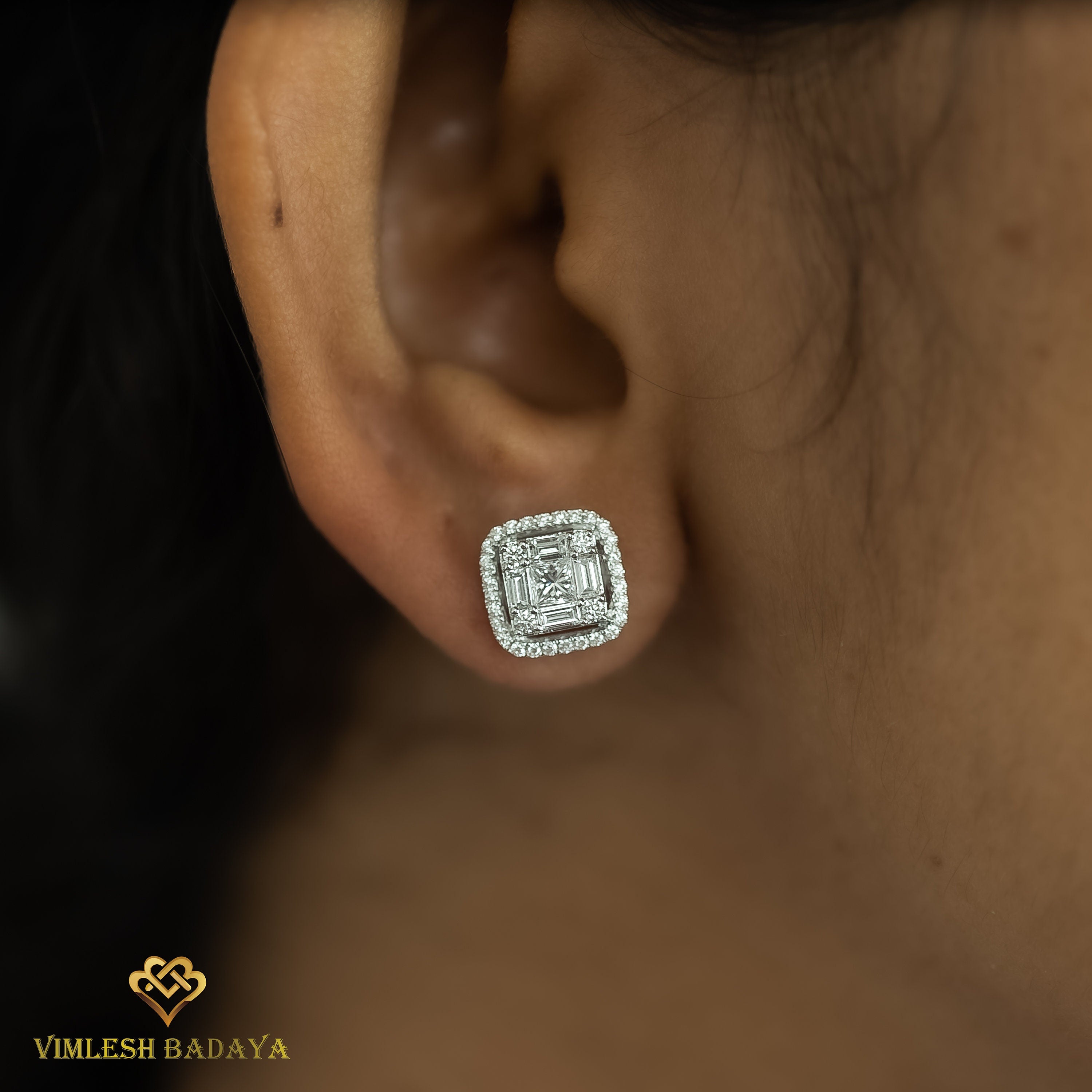 Invisible Set Diamond Double Halo Stud Earrings | Gold Baguette & Princess Cut Diamonds | Bridal Gift for Her -