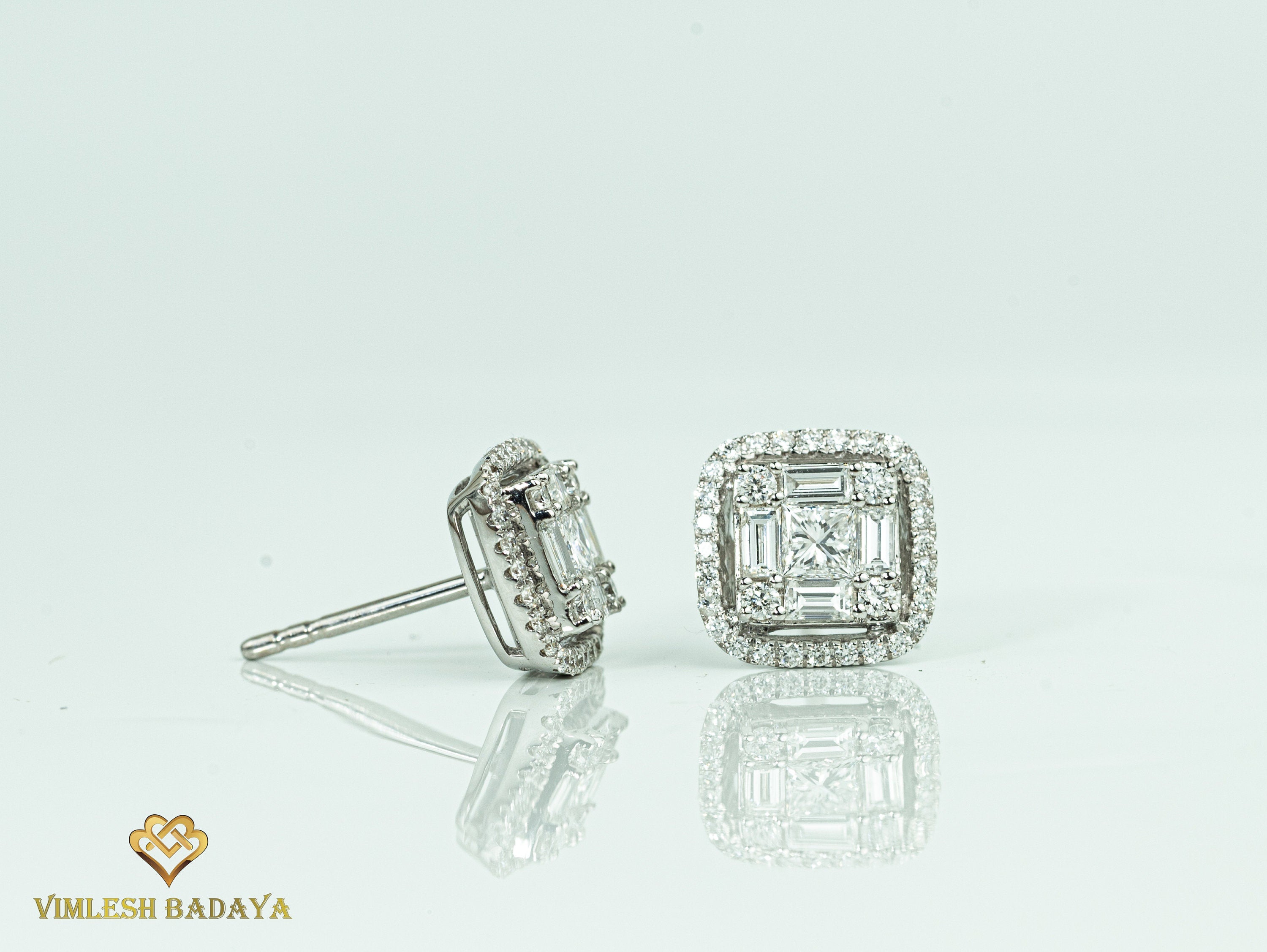 Invisible Set Diamond Double Halo Stud Earrings | Gold Baguette & Princess Cut Diamonds | Bridal Gift for Her -