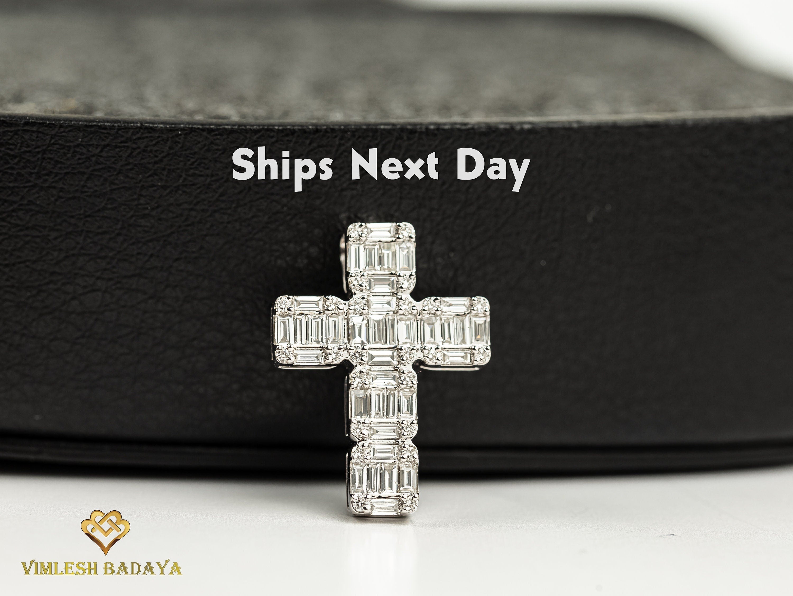 18k White Gold Diamond Cross Pendant | Baguette & Round Cut Christian Crucifix Pendant | Illusion Setting Religious Pendant -