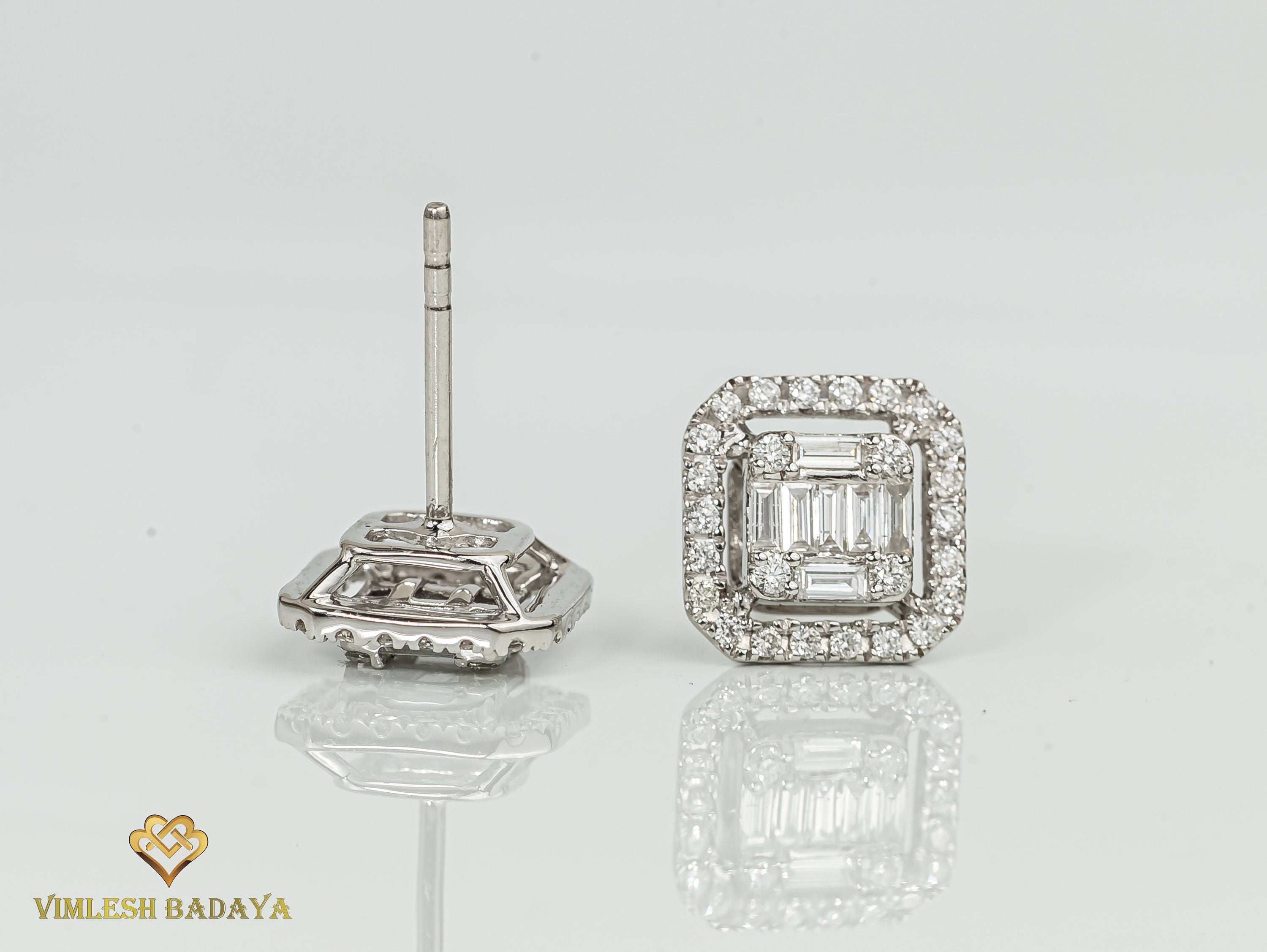 Lab Grown Diamond Stud Earrings | 0.58 CT Round & Baguette Cut | Illusion Set Diamond Earrings for Her -