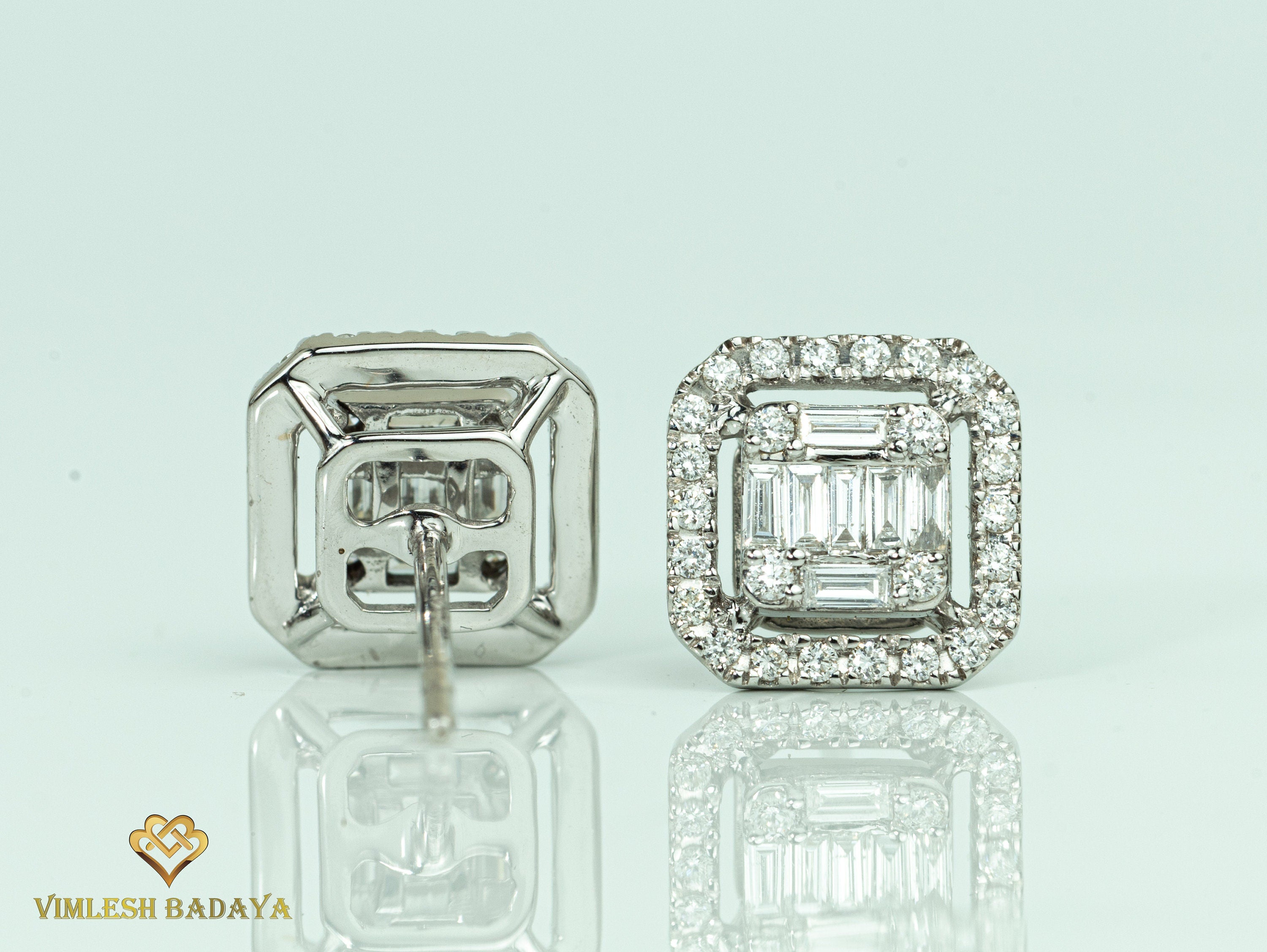 Lab Grown Diamond Stud Earrings | 0.58 CT Round & Baguette Cut | Illusion Set Diamond Earrings for Her -