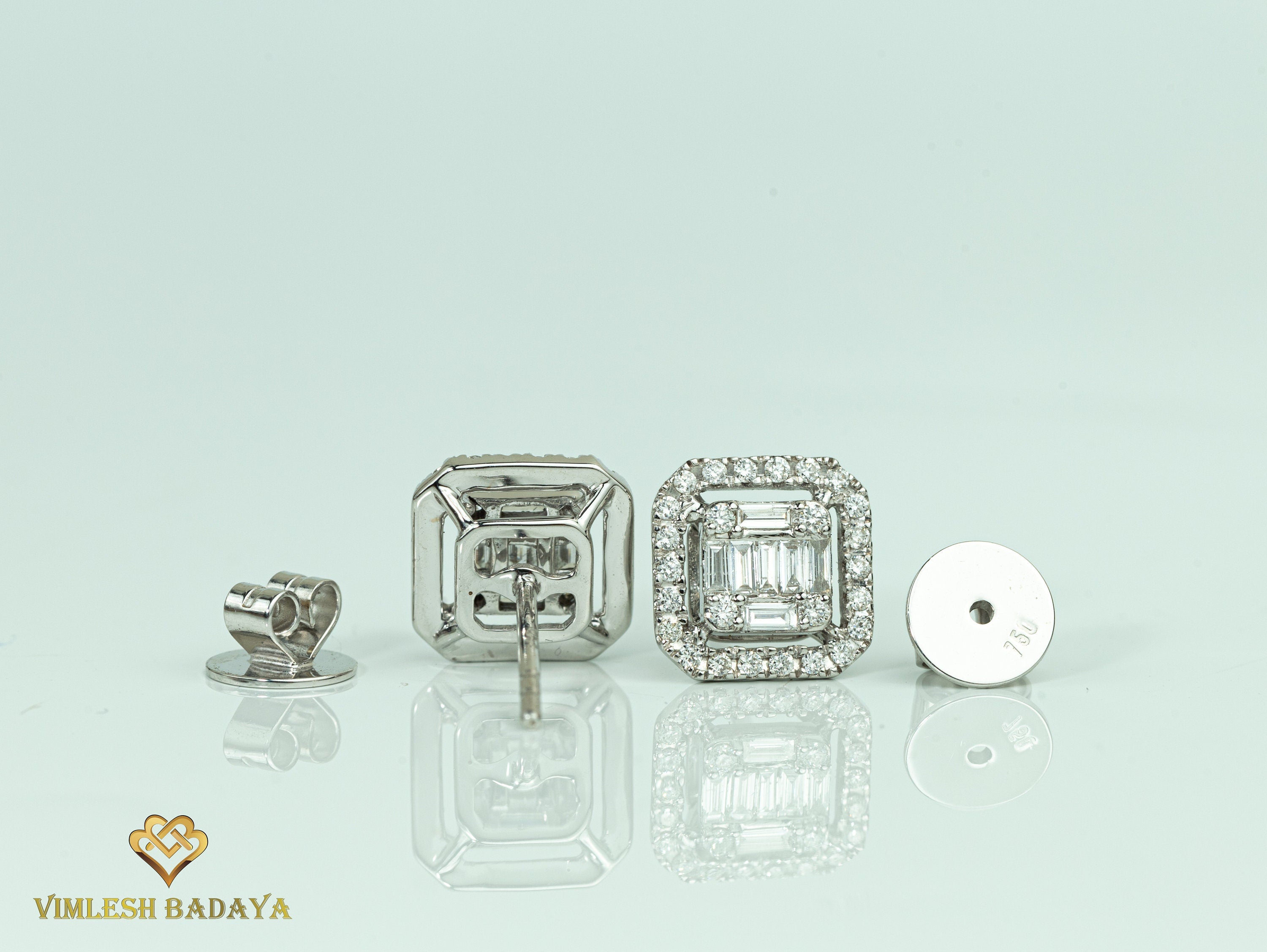 Lab Grown Diamond Stud Earrings | 0.58 CT Round & Baguette Cut | Illusion Set Diamond Earrings for Her -