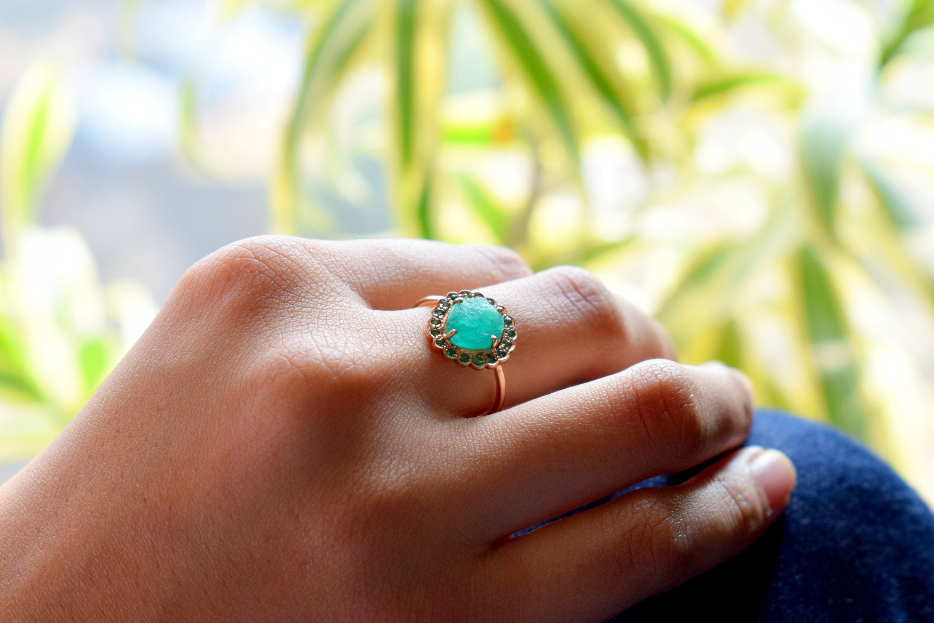 Raw Emerald Halo Ring | May Birthstone Engagement Ring | Raw Gemstone Ring -