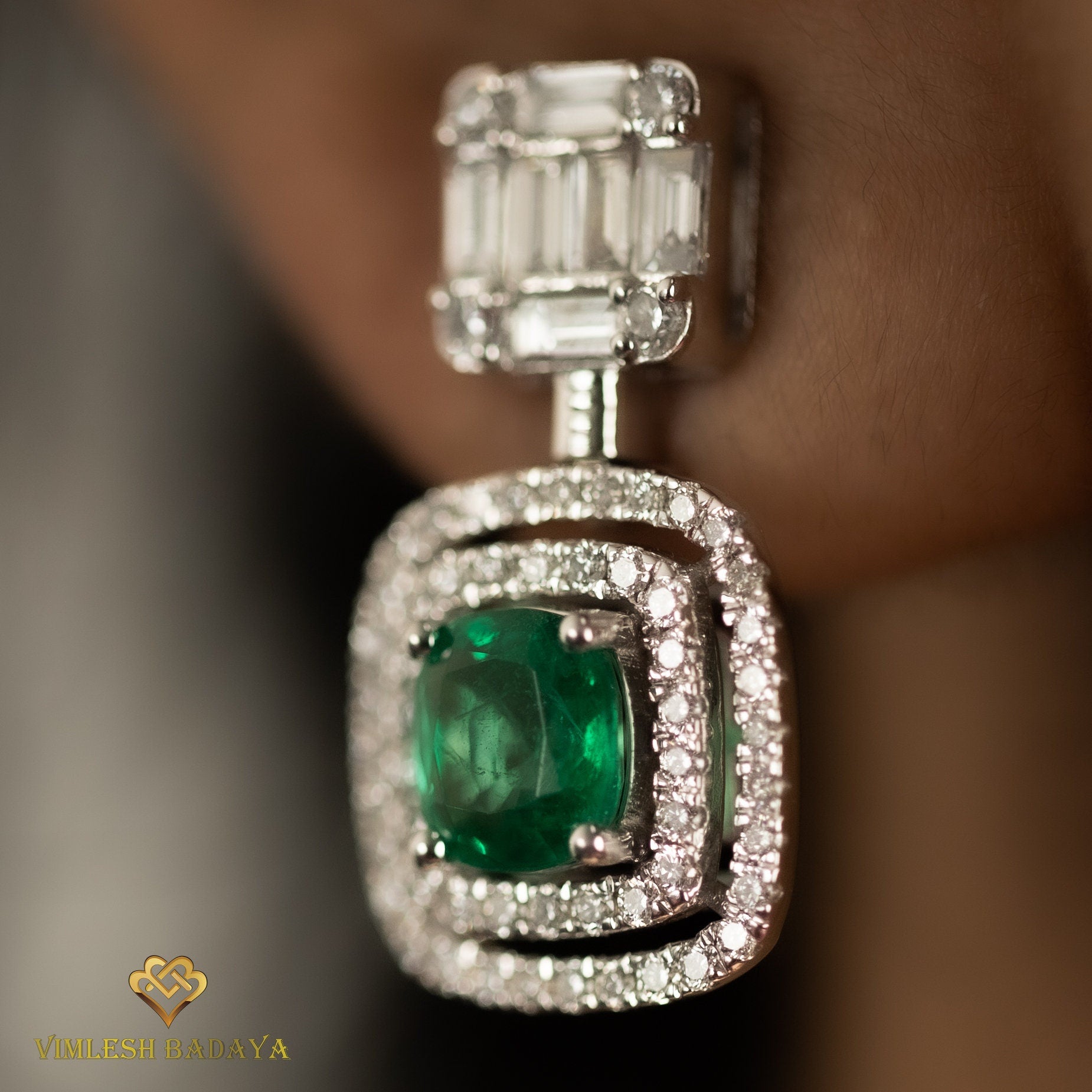 Emerald & Diamond Dangle Earrings | Cushion Cut Emerald & Round-Baguette Cut Diamond Halo | Anniversary Gift -