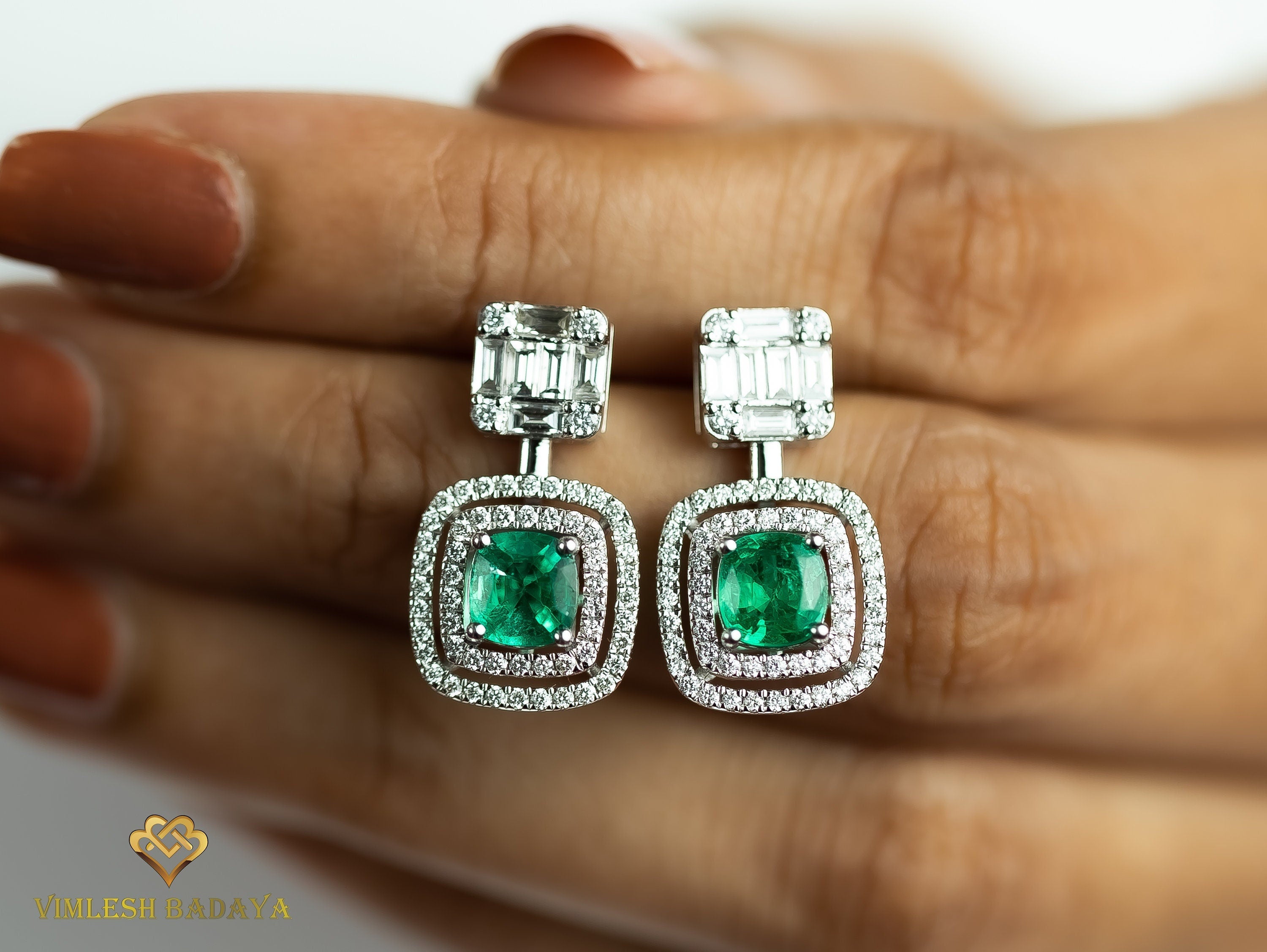 Emerald & Diamond Dangle Earrings | Cushion Cut Emerald & Round-Baguette Cut Diamond Halo | Anniversary Gift -