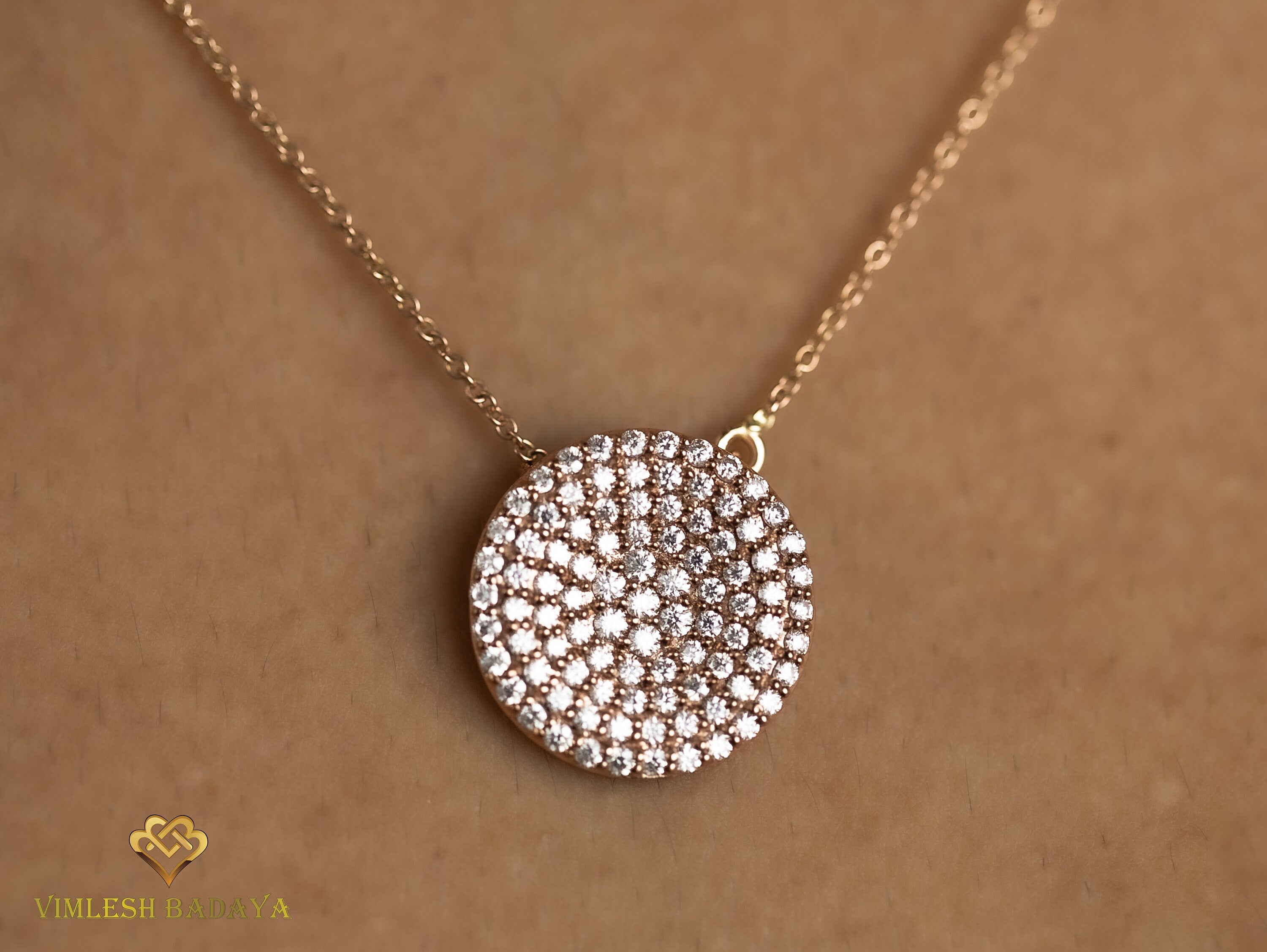 Iced Out Diamond Disc Pendant | E F VS Round Diamond Pendant | Solid Gold Gift for Her | Anniversary Present -