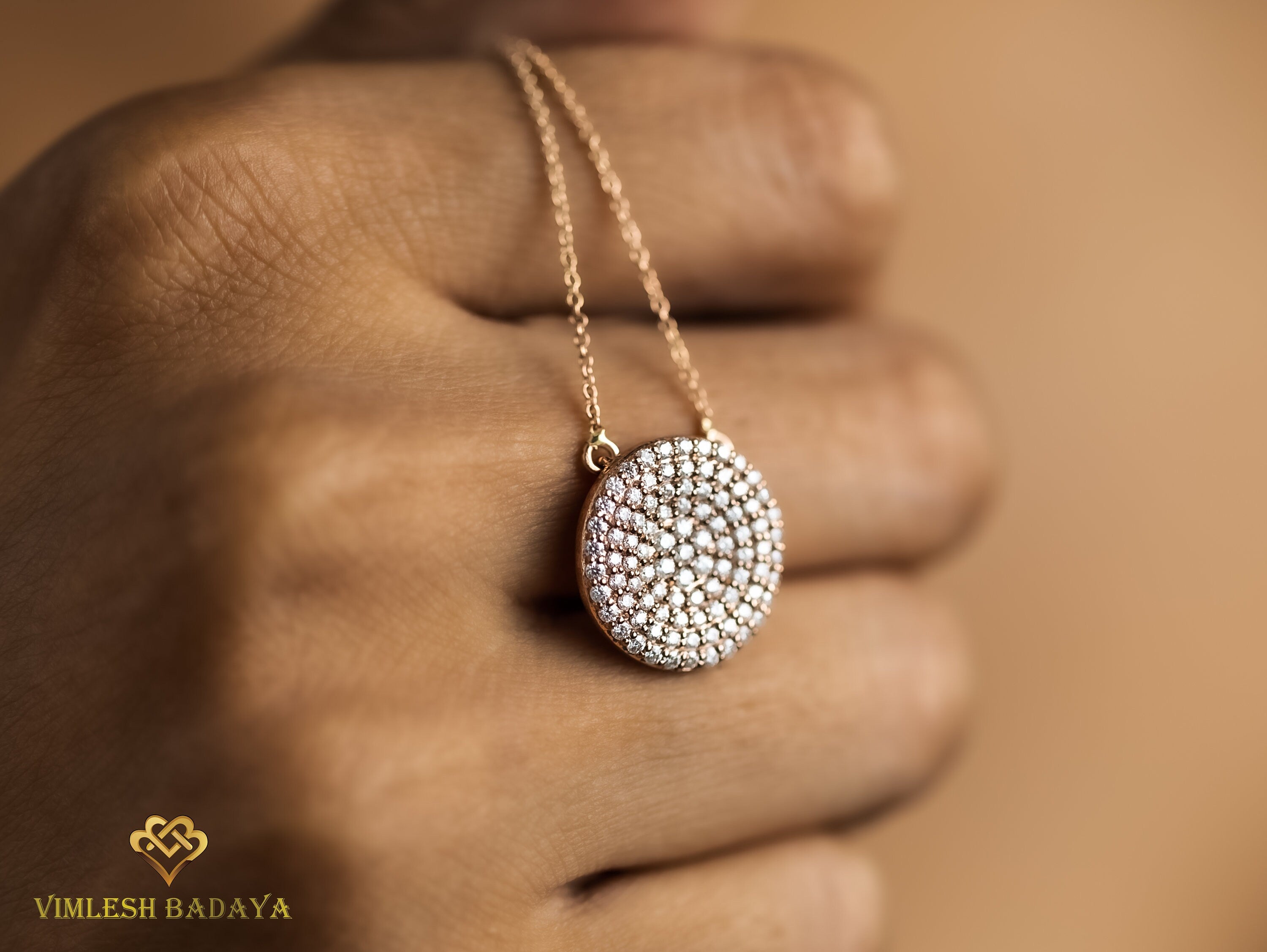Iced Out Diamond Disc Pendant | E F VS Round Diamond Pendant | Solid Gold Gift for Her | Anniversary Present -