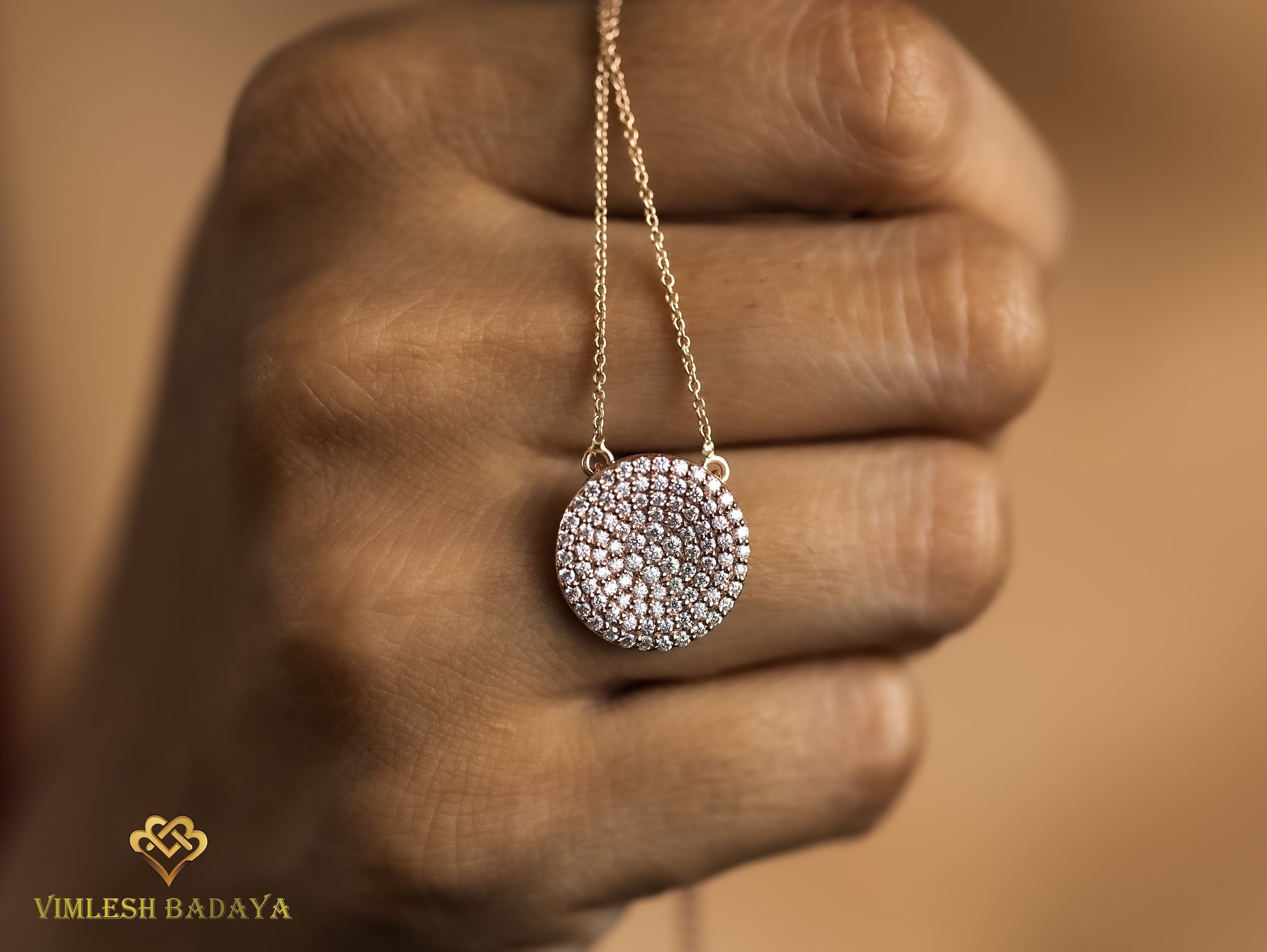 Iced Out Diamond Disc Pendant | E F VS Round Diamond Pendant | Solid Gold Gift for Her | Anniversary Present -