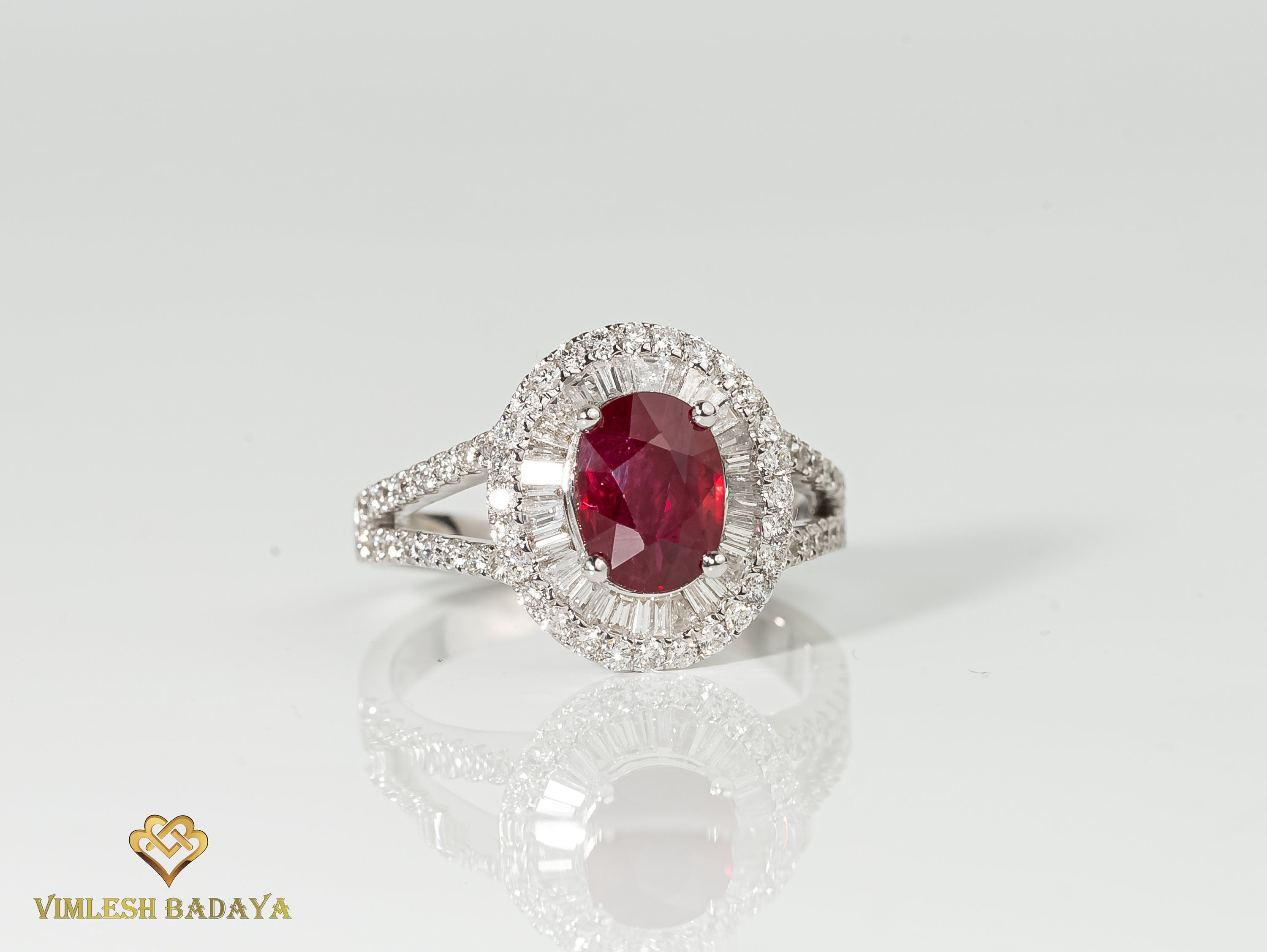 Natural Ruby Diamond Engagement Ring | 1 Carat Oval Ruby & Baguette Halo -
