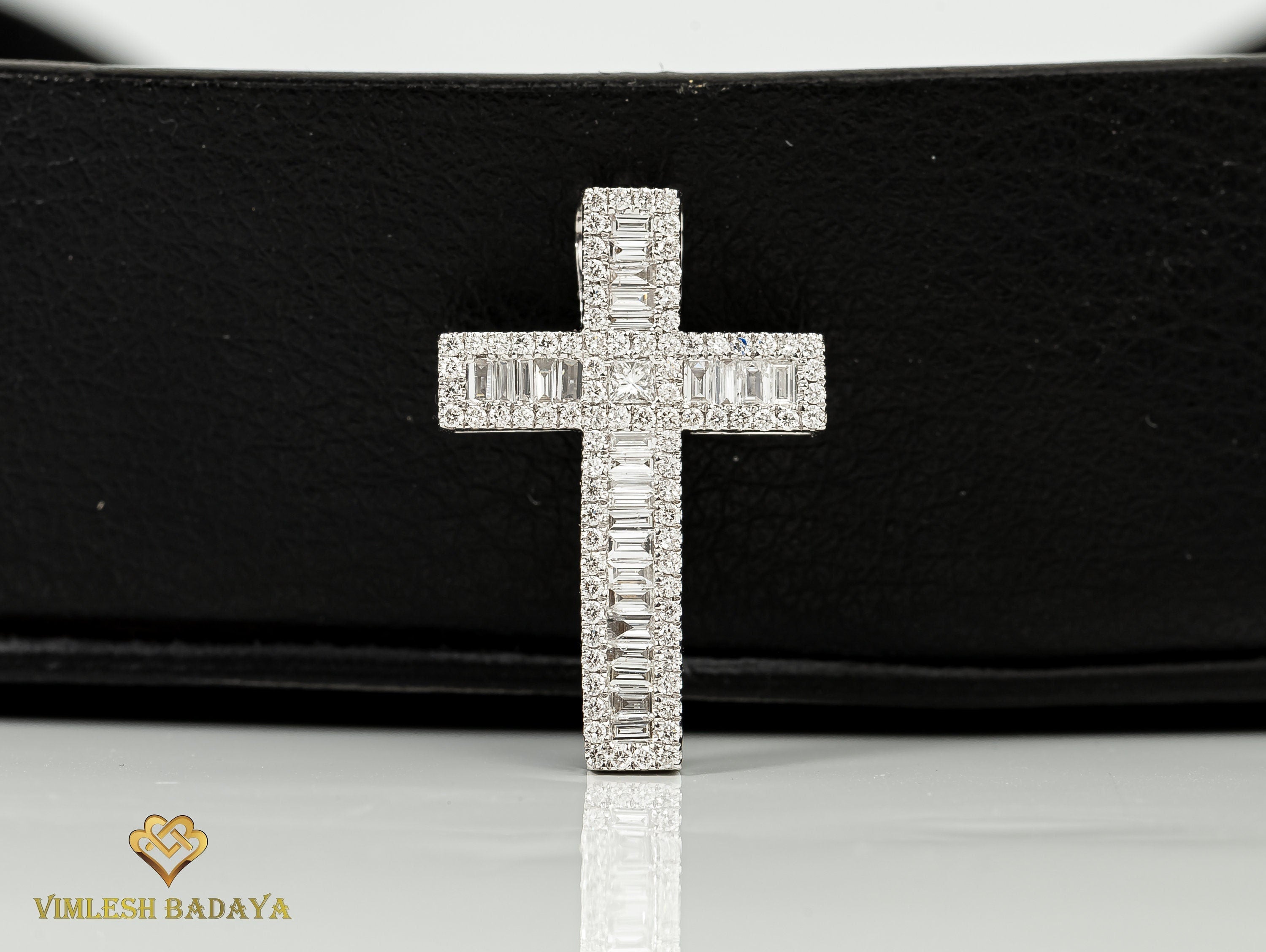 Natural Diamond Cross Pendant | Baguette Princess Cut Jesus Crucifix Pendant | Illusion Setting Religious Pendant -