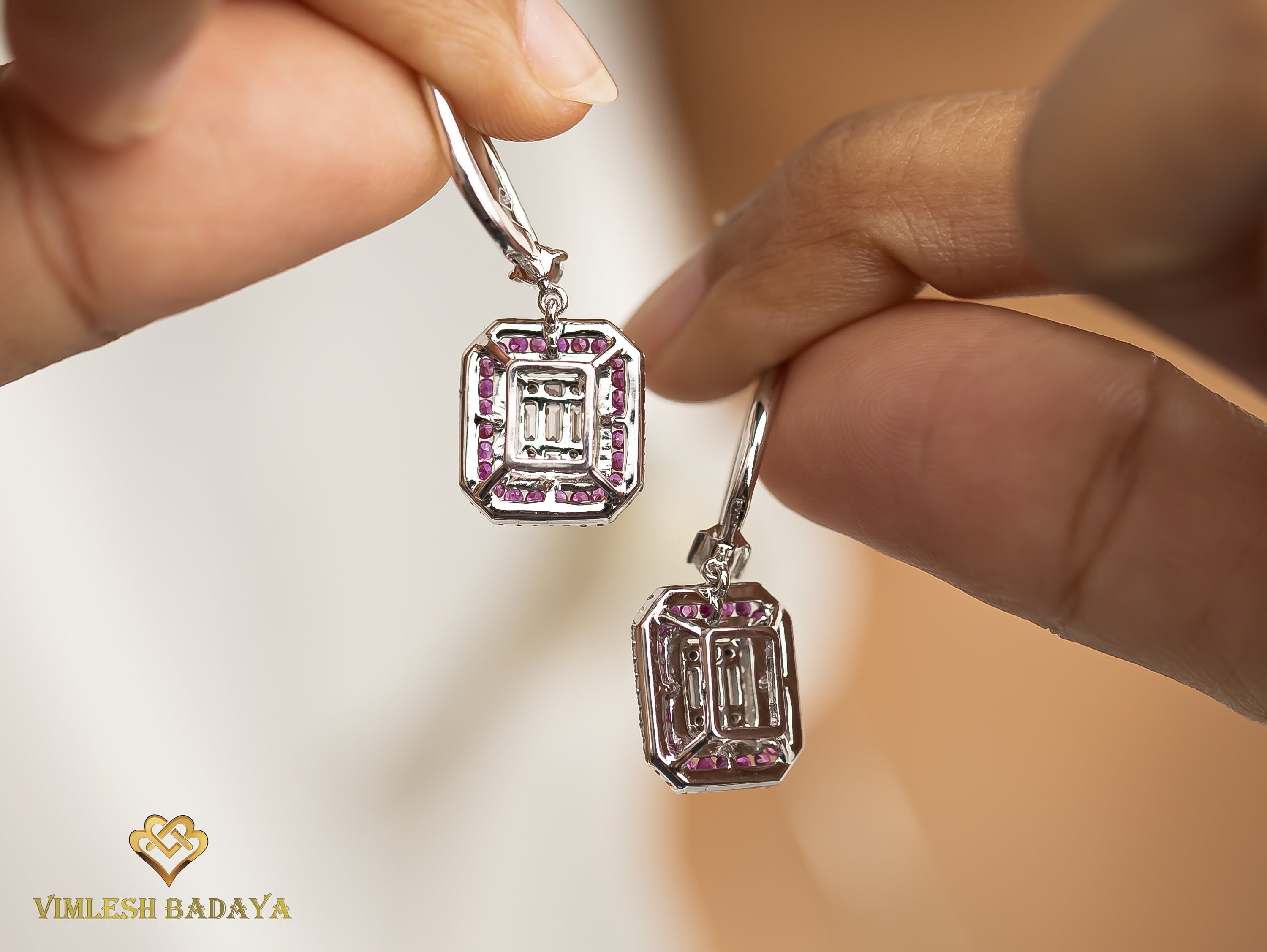 Invisible Set Diamond Ruby Halo Stud Dangle Earrings | Baguette & Round Cut Diamonds | Bridal Gift for Her -