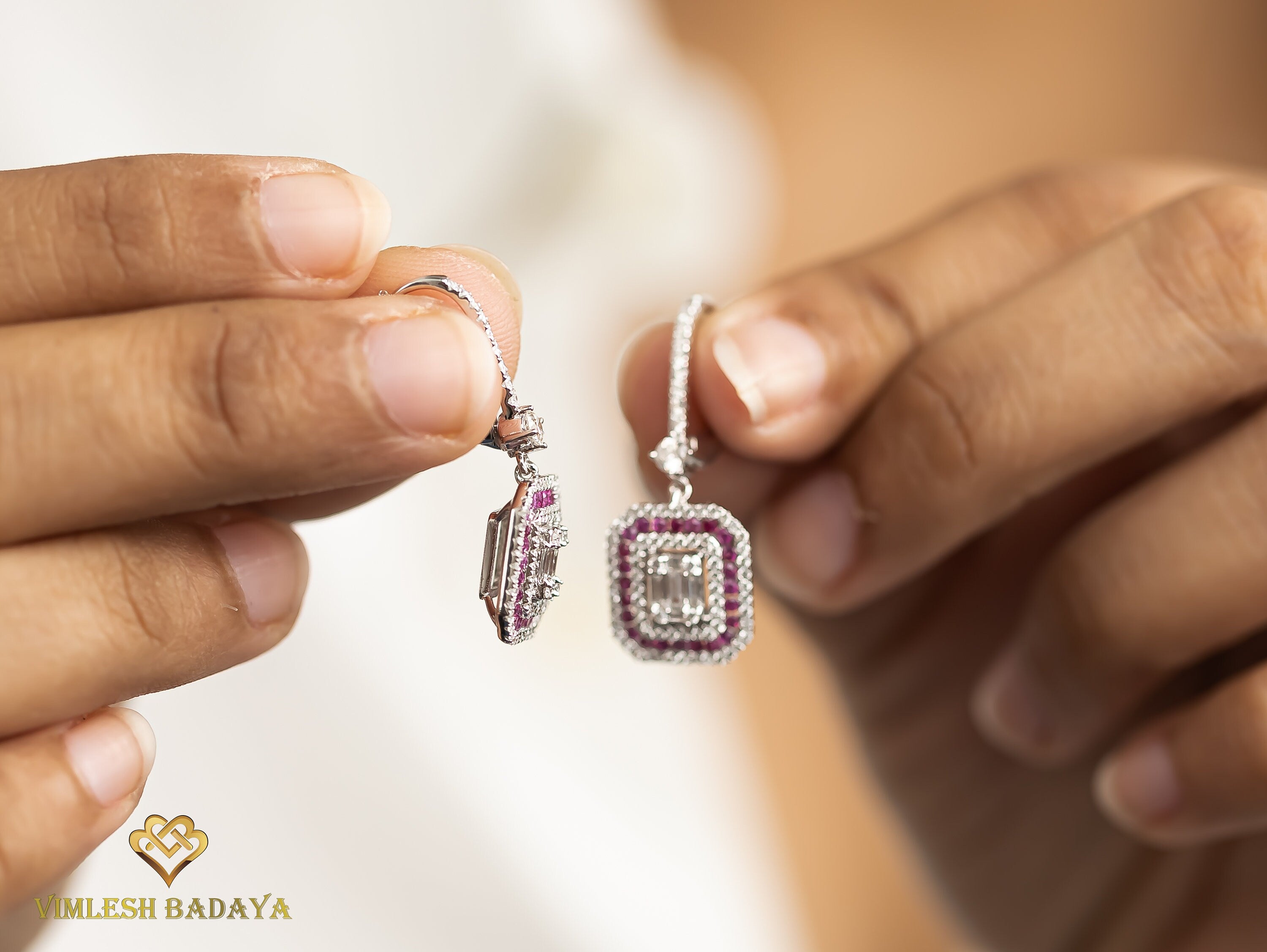Invisible Set Diamond Ruby Halo Stud Dangle Earrings | Baguette & Round Cut Diamonds | Bridal Gift for Her -