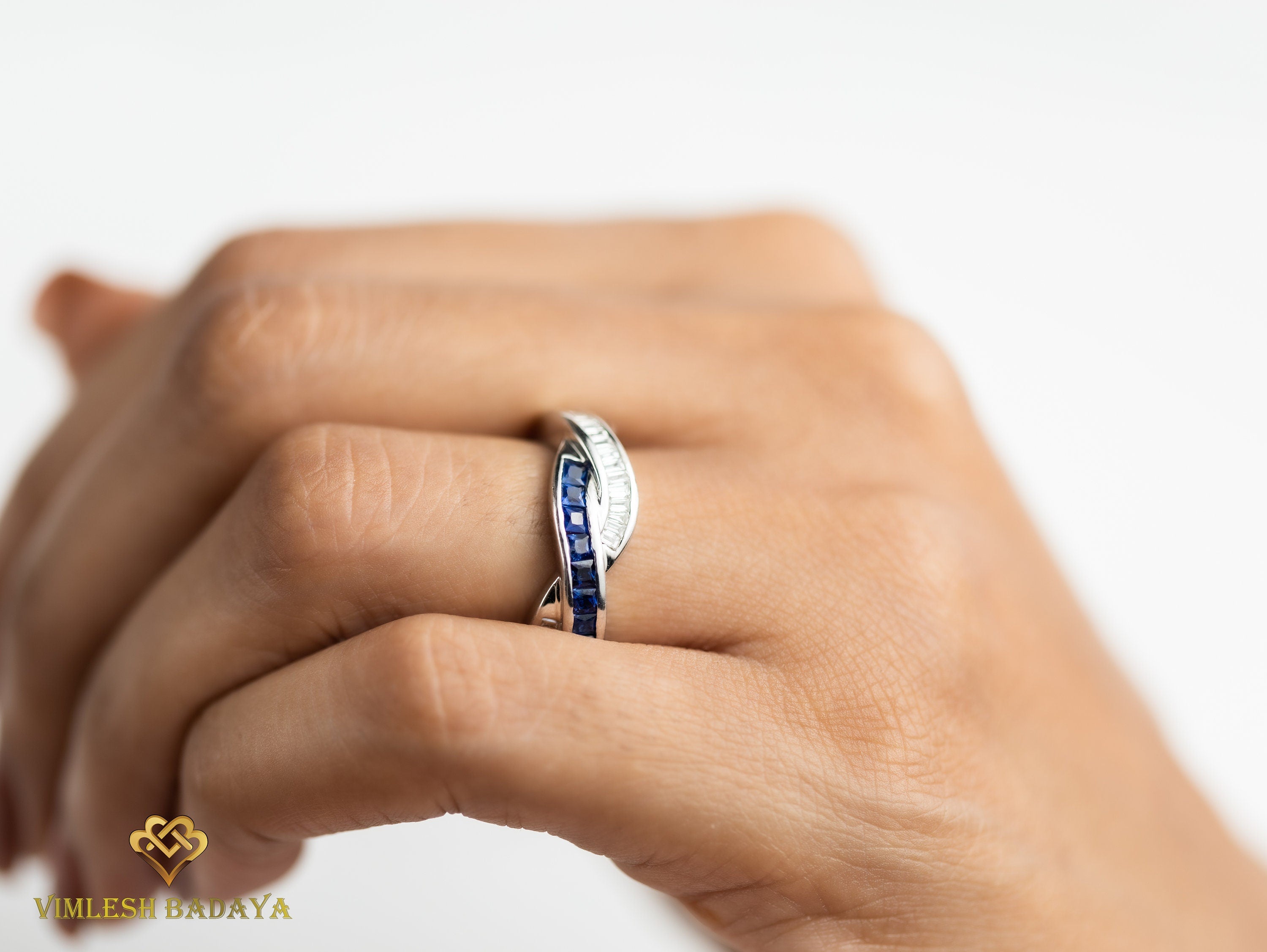 Blue Sapphire & Diamond Wedding Band | Princess Cut Sapphire | Diamond Baguette Ring -
