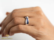 Blue Sapphire & Diamond Wedding Band | Princess Cut Sapphire | Diamond Baguette Ring -