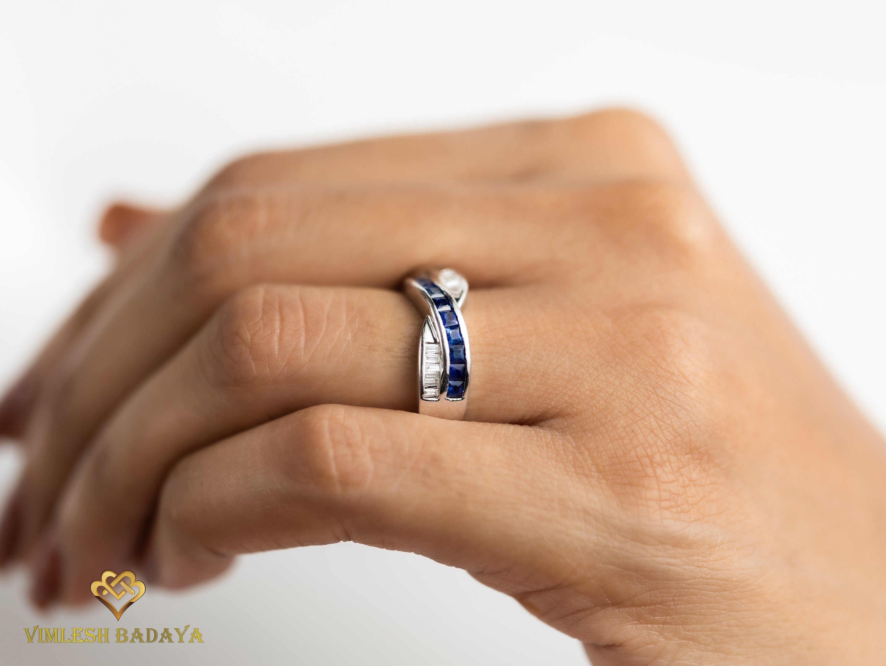 Blue Sapphire & Diamond Wedding Band | Princess Cut Sapphire | Diamond Baguette Ring -