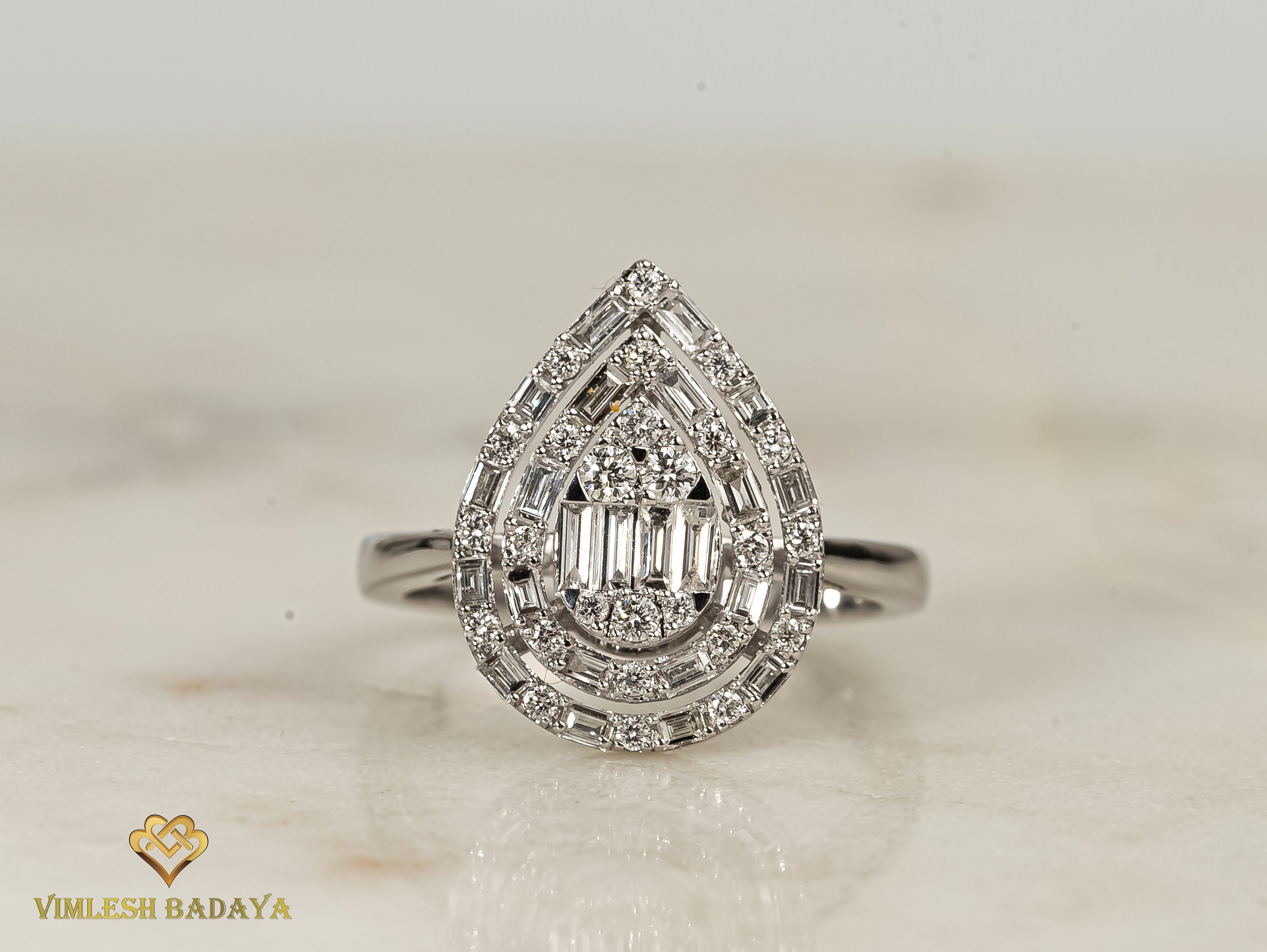 Pear Diamond Baguette Cut Ring | Illusion Setting | Unique Diamond Engagement Ring -