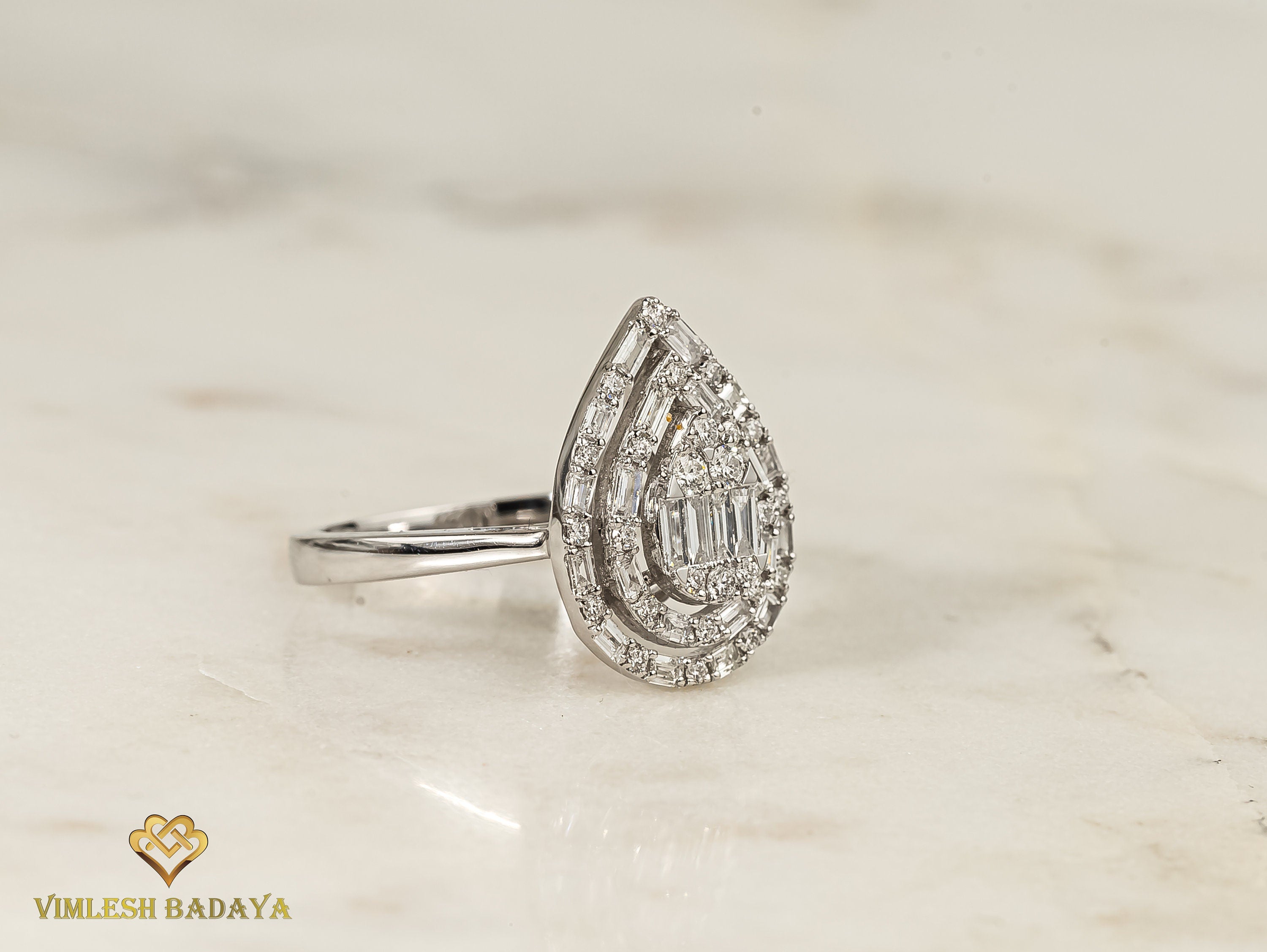 Pear Diamond Baguette Cut Ring | Illusion Setting | Unique Diamond Engagement Ring -