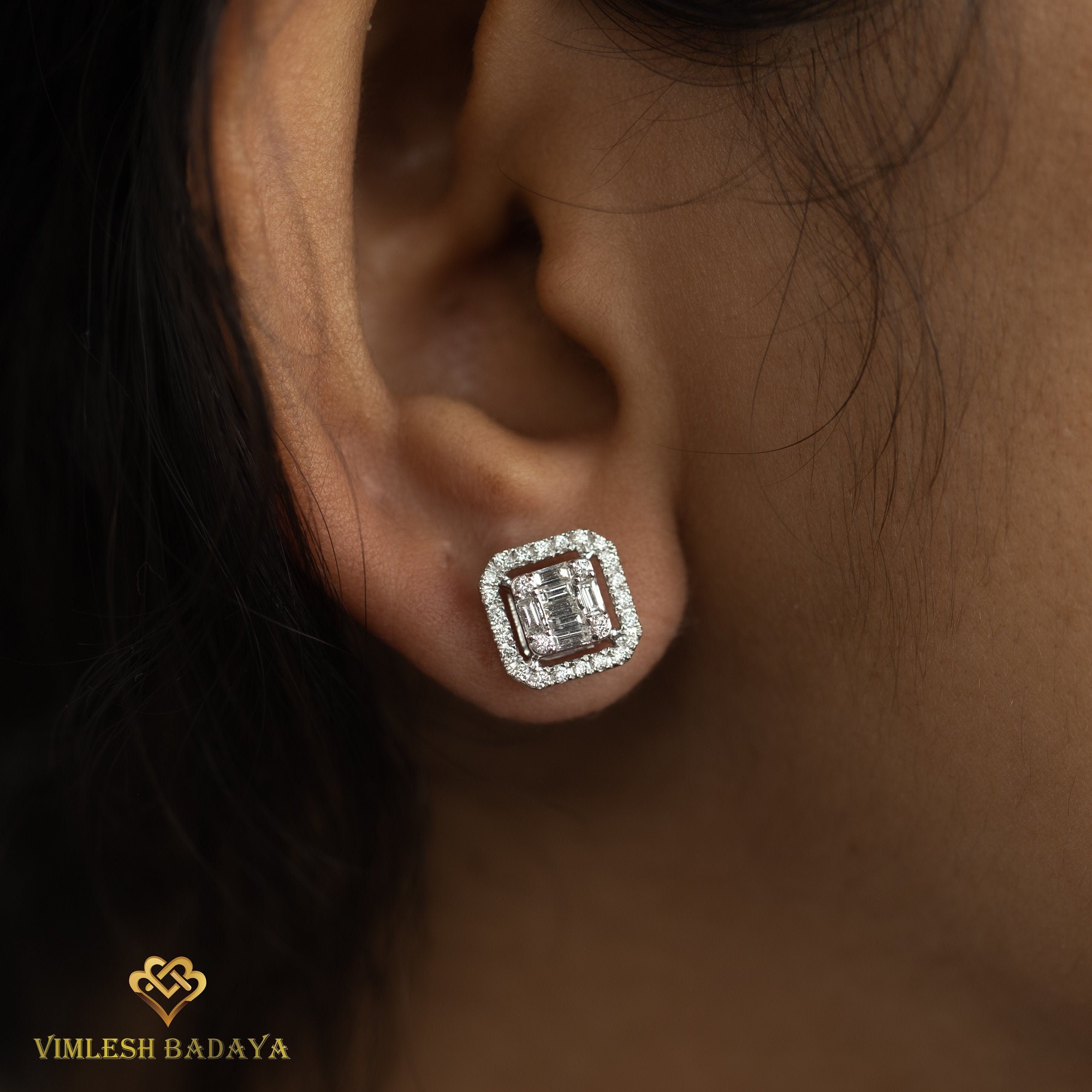 Lab Grown Diamond Stud Earrings | 0.58 CT Round & Baguette Cut | Illusion Set Diamond Earrings for Her -