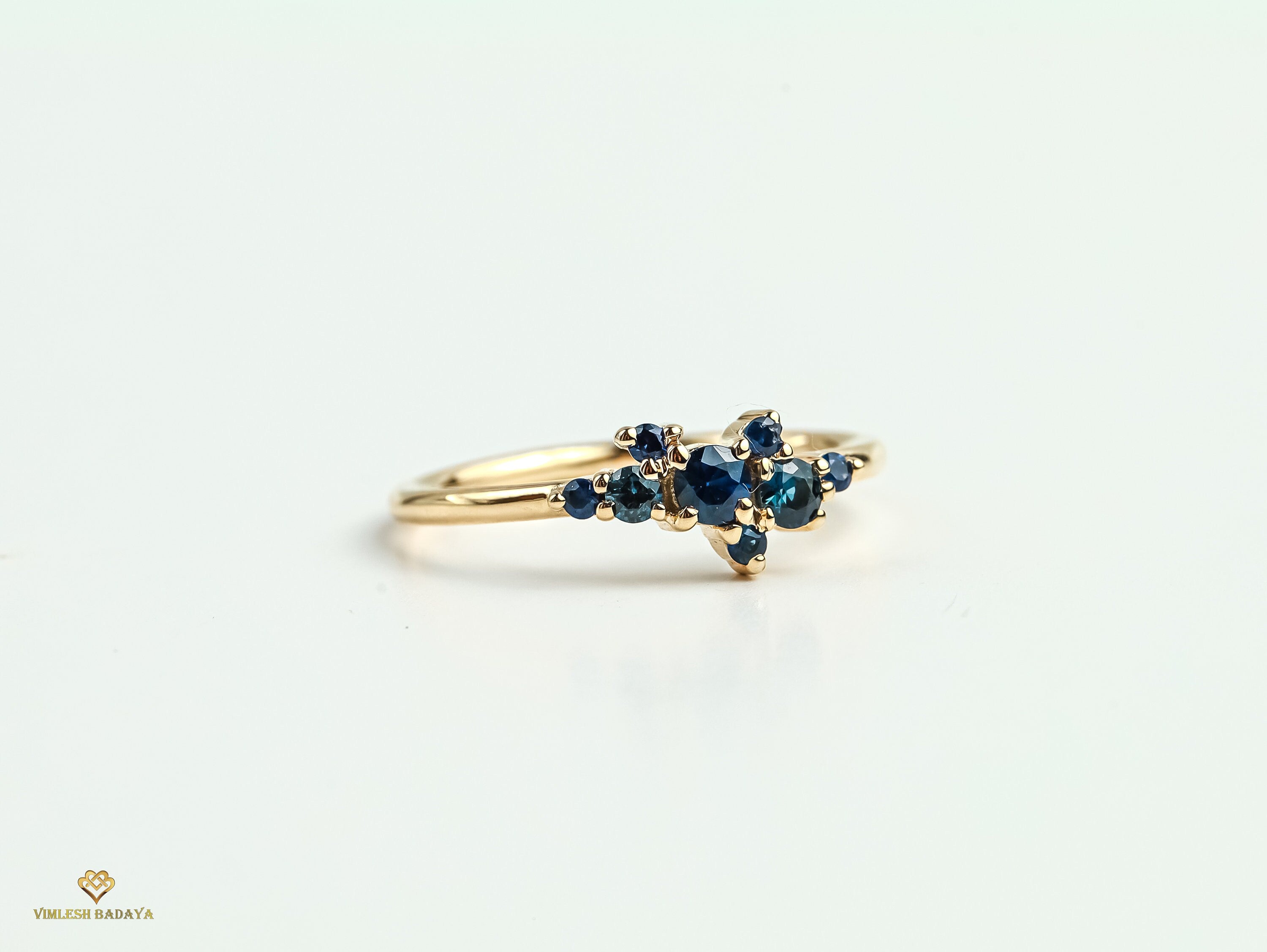 Blue Sapphire Cluster Engagement Ring | September Birthstone Handmade Cluster Ring -
