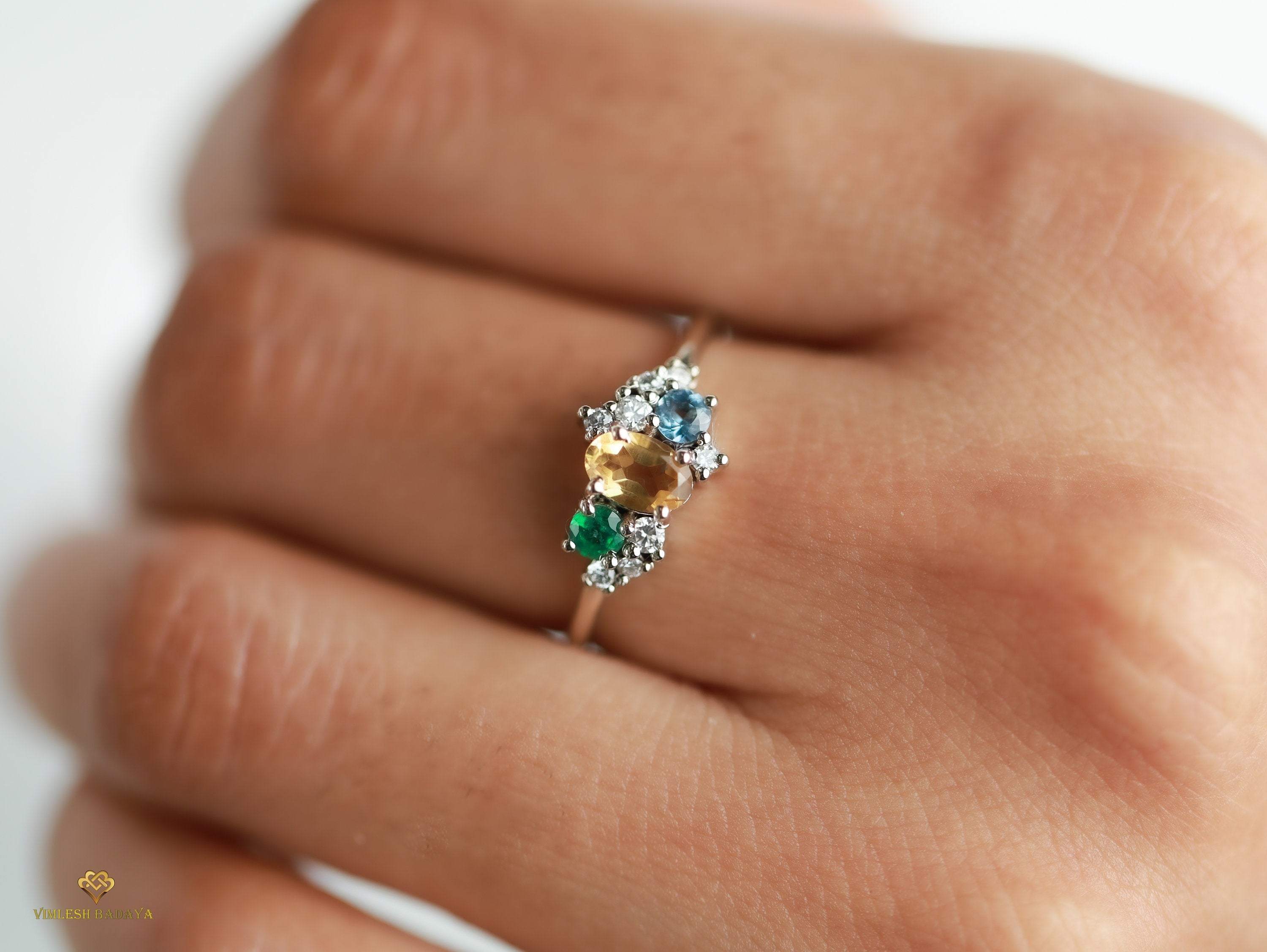 Citrine Emerald Aquamarine Cluster Ring | Oval Citrine, Round Emerald, Aquamarine & Diamond Engagement Ring -